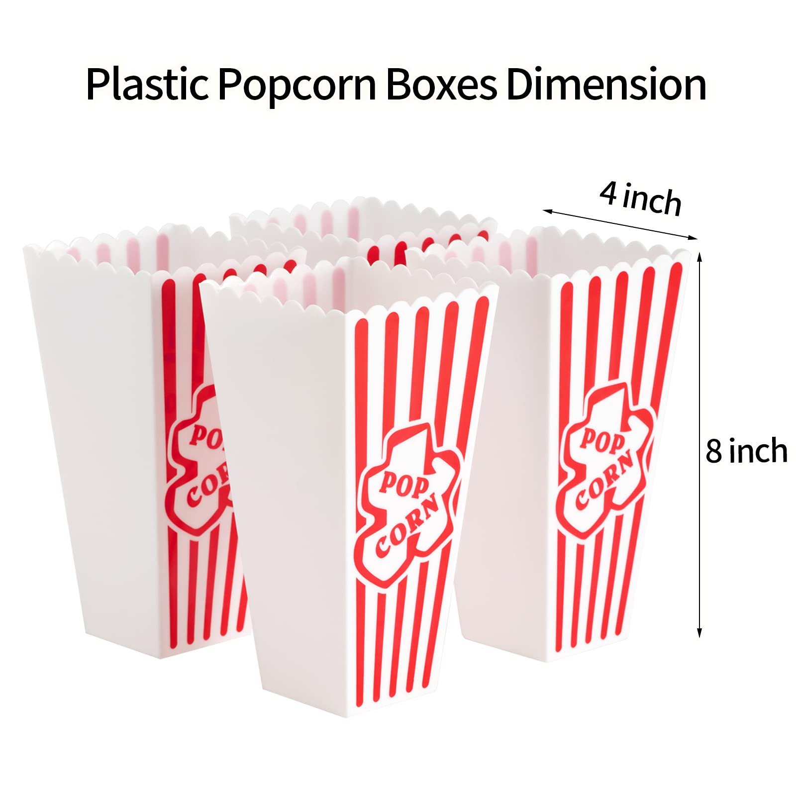 Plastic Popcorn Containers Red & White Striped Retro Style Reusable Popcorn Boxes for Movie Night 4   x8    - 6 Pack