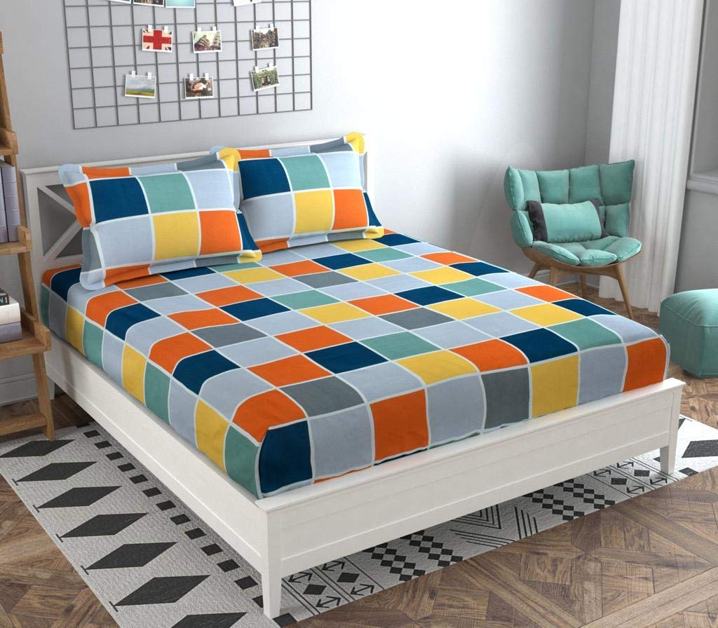 T Tungol Cotton Feel Glace Cotton Elastic Fitted Printed Queen Size Double Bed Bedsheet With 2 Pillow Cover (72X72X6,Fits Upto 6