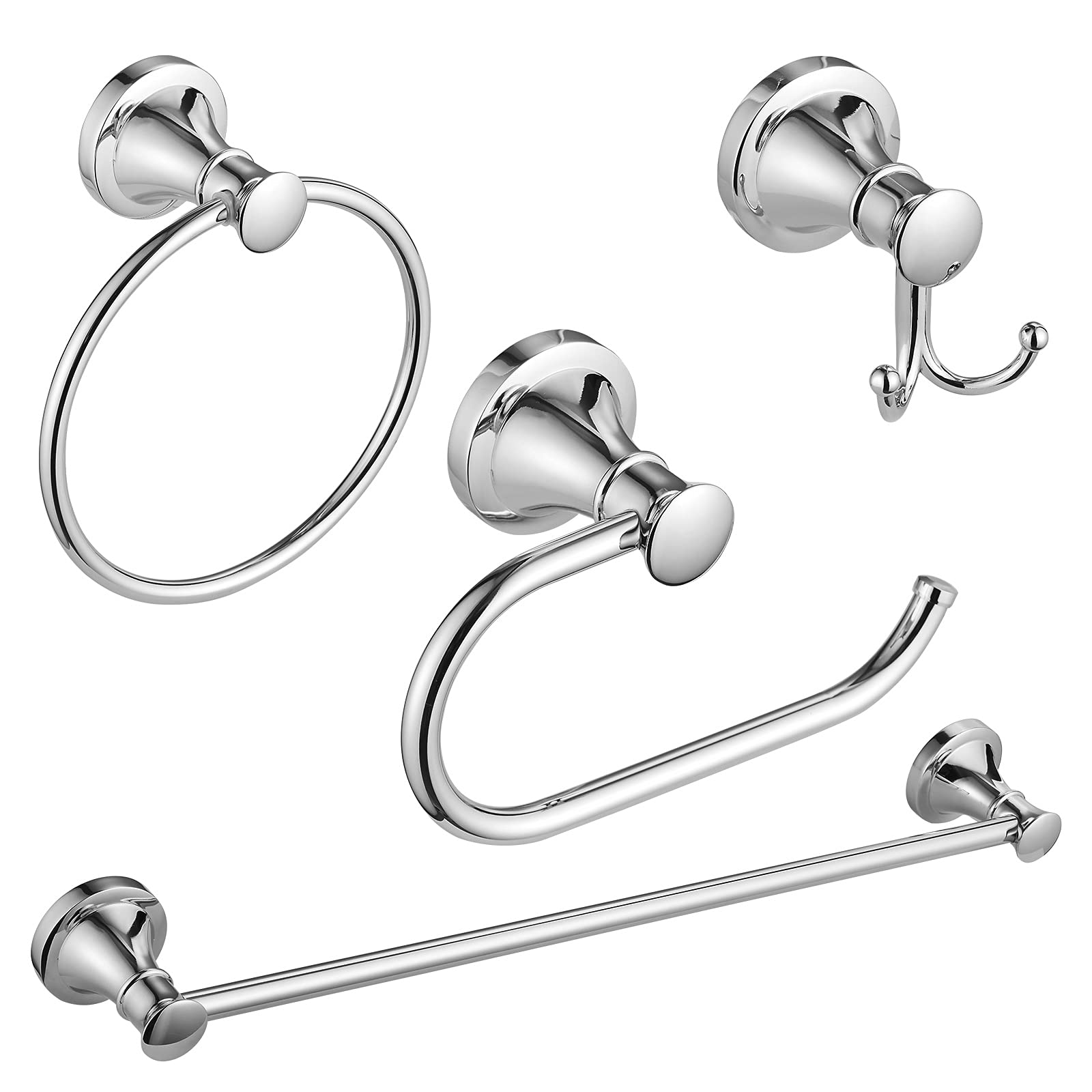 BESy Polished Chrome 4 Piece Bathroom Accessories Set (Single Towel Bar  Towel Ring  Toilet Paper Holder  Double Towel Hooks)  Wall Mounted Bath Hardware Accessory Fixtures Rack Set