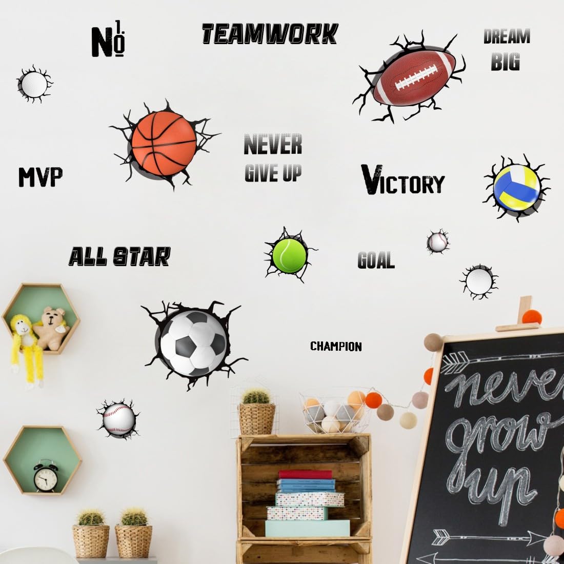 Yimehdan 3D Sport Balls Wall Decals, Football, Volleyball, Rugby, Basketball, Tennis Vinyl Wall Stickers, Removable Sports Break