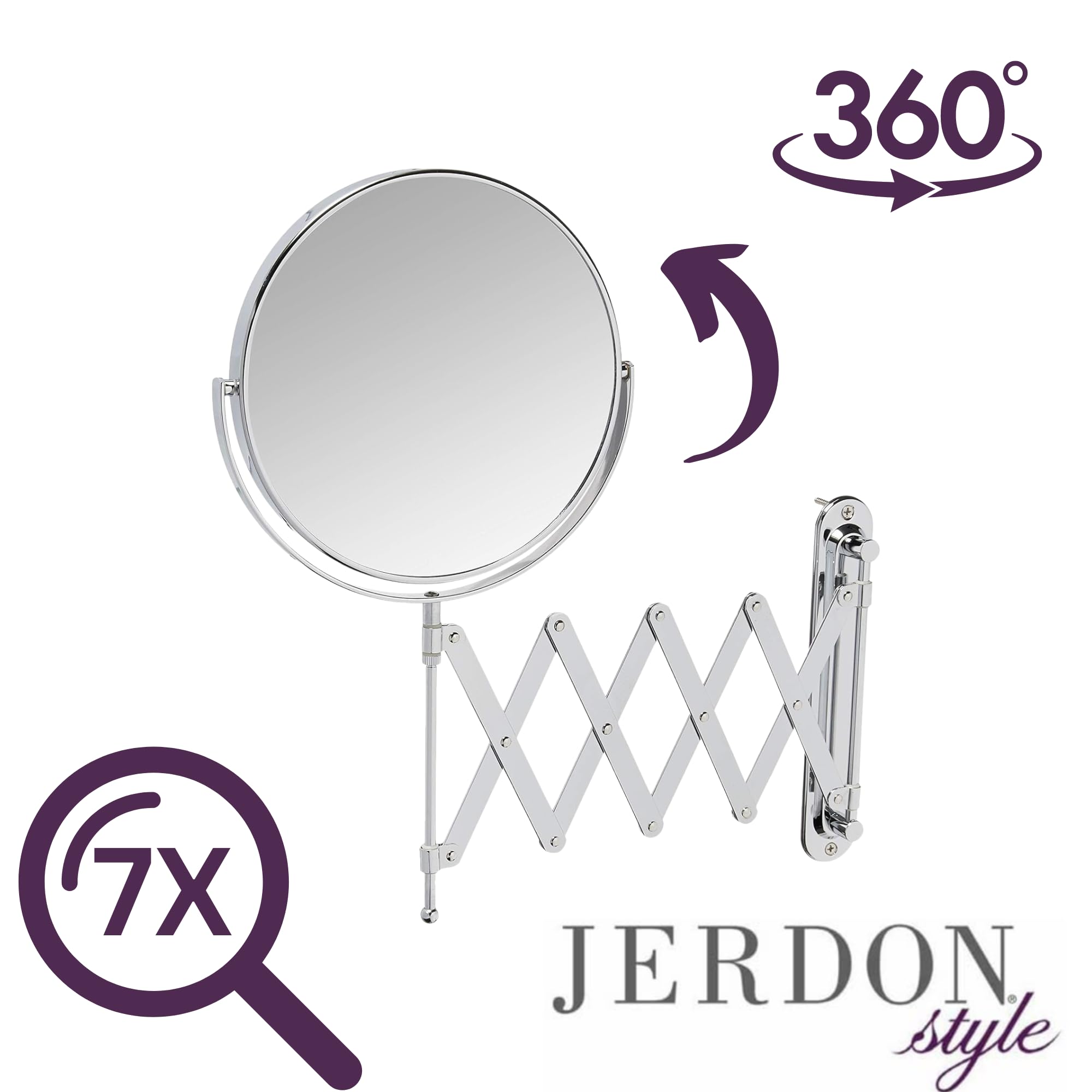 Jerdon Two-Sided Wall-Mounted Makeup Mirror With 7X-1X Magnification - 8    Diameter Mirror With Scissor Bracket Extends Up To 2