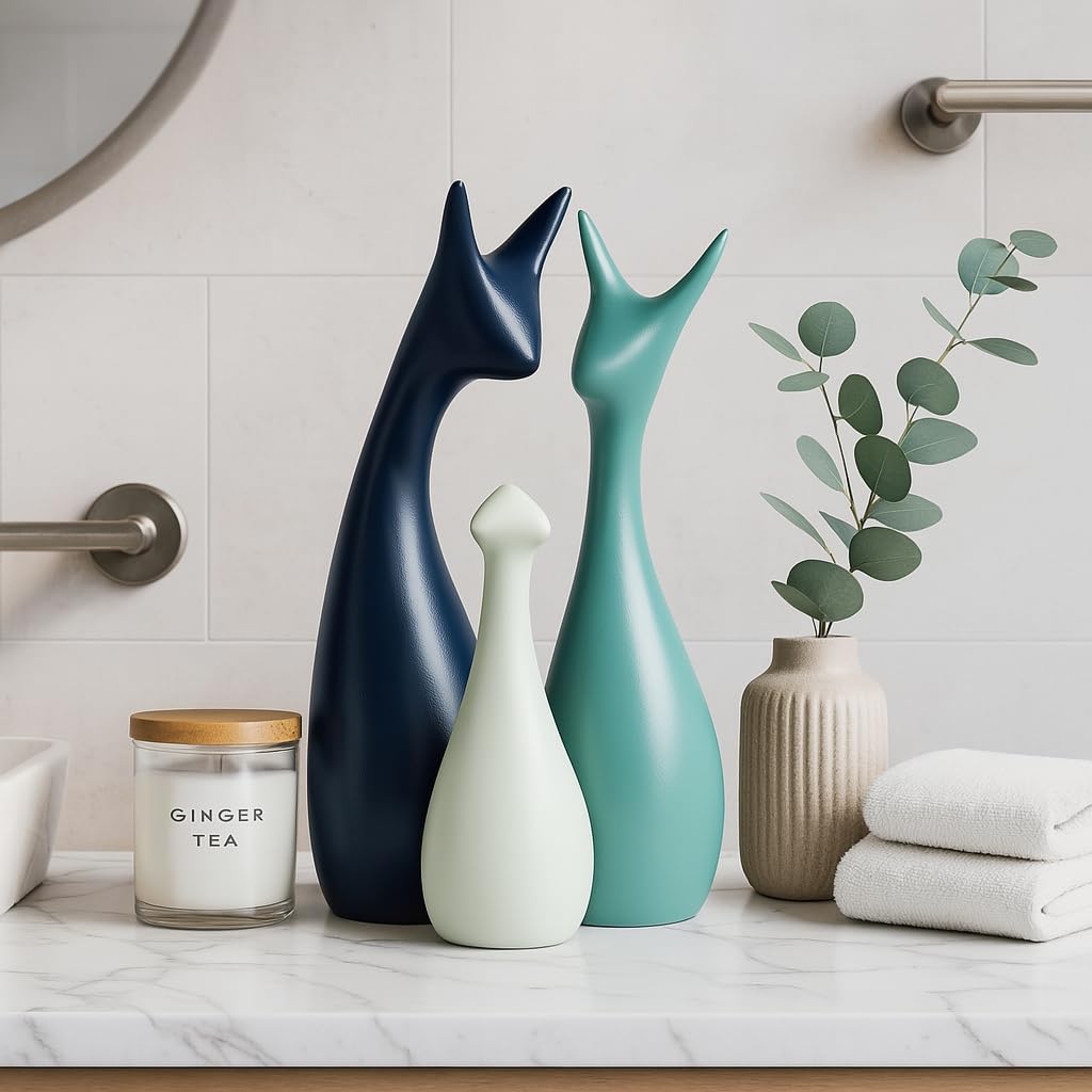 Xtore Home Decor Lucky Deer Family Statue Ceramic Figures - (Set Of 3, Navy Blue, Lemon And Light Green)