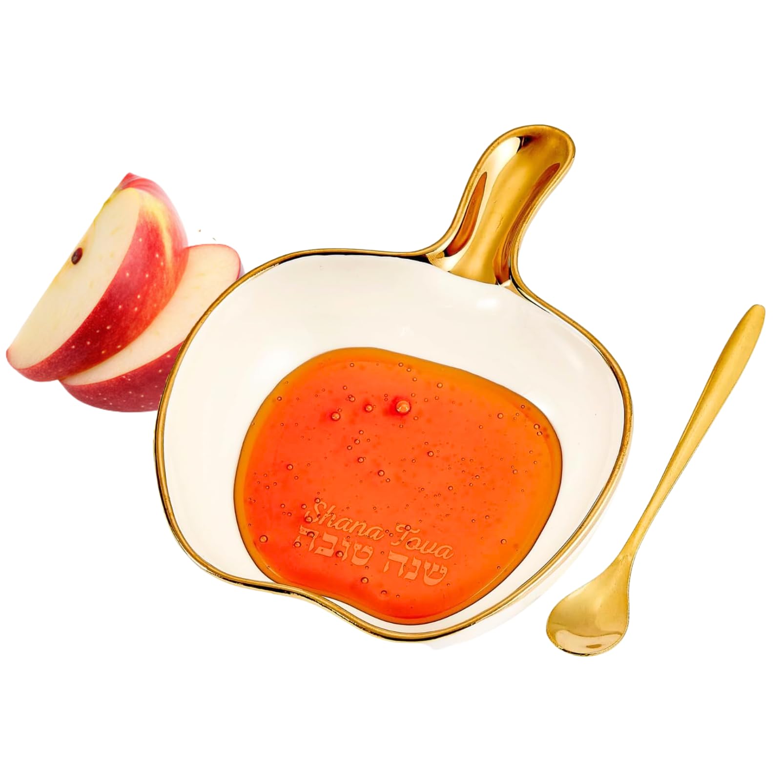 Rosh Hashanah Apple Shaped Honey Dish Set Gold - Jewish New Year Hostess Party Favors Cooking Serving Kitchen Accessories Holida