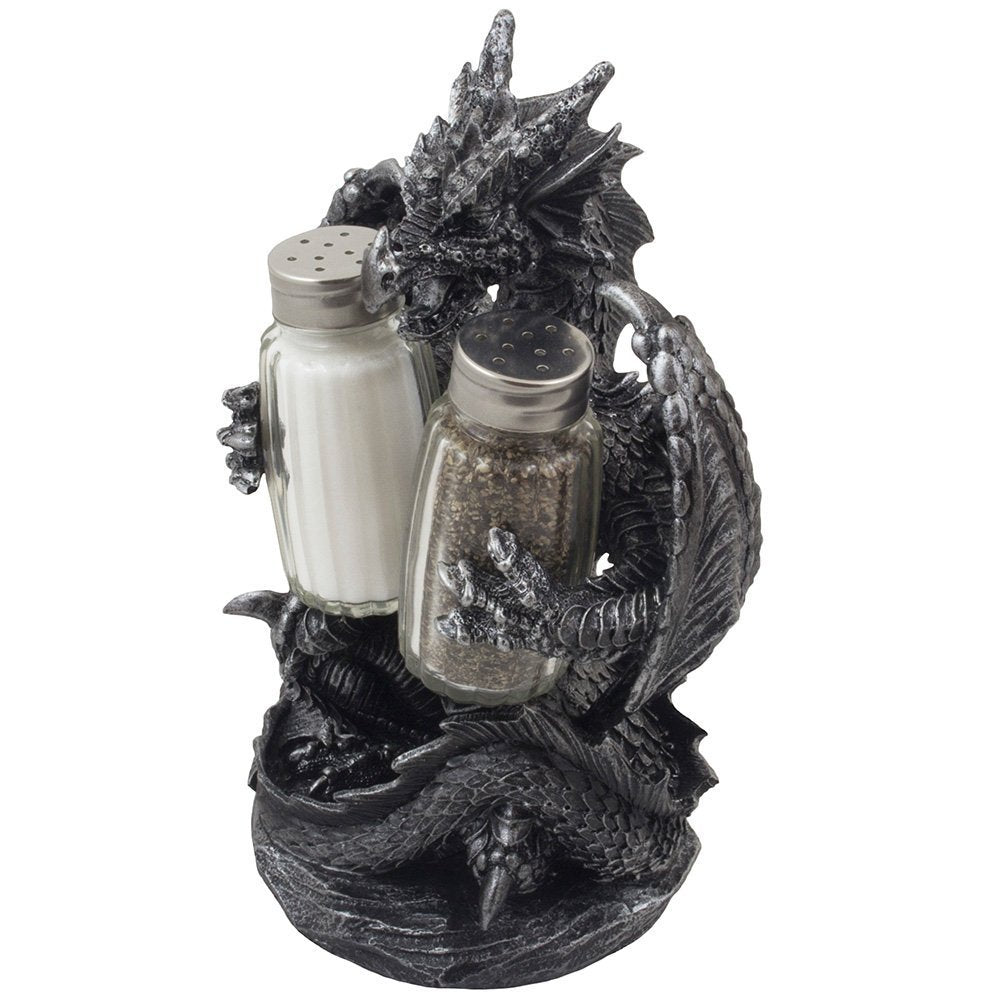 Mythical Dragon Salt And Pepper Shaker Set With Holder Figurine For Medieval & Fantasy Bar Or Kitchen Table Decor Sculptures And