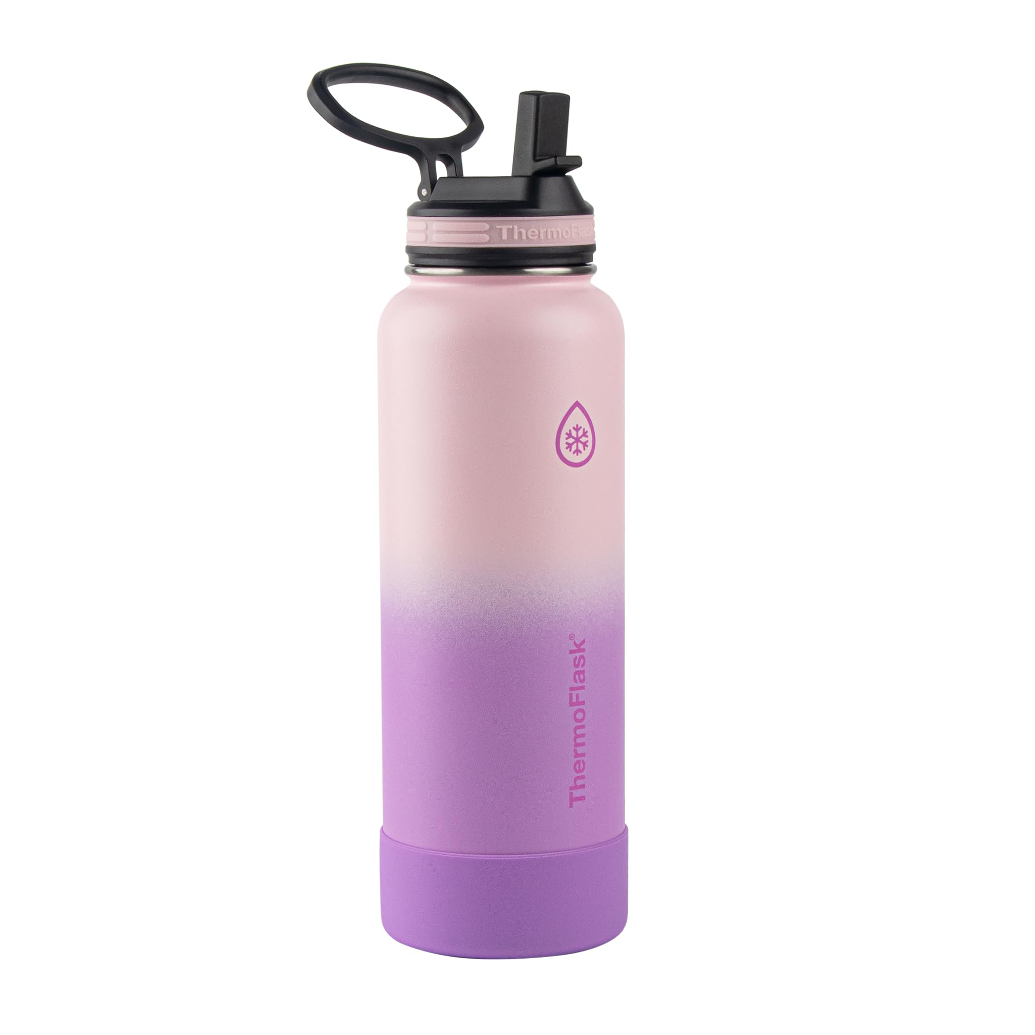 Thermoflask 40Oz Stainless Steel Insulated Water Bottles With Straw And Spout Lids, 2-Pack, Black/Rose Purple
