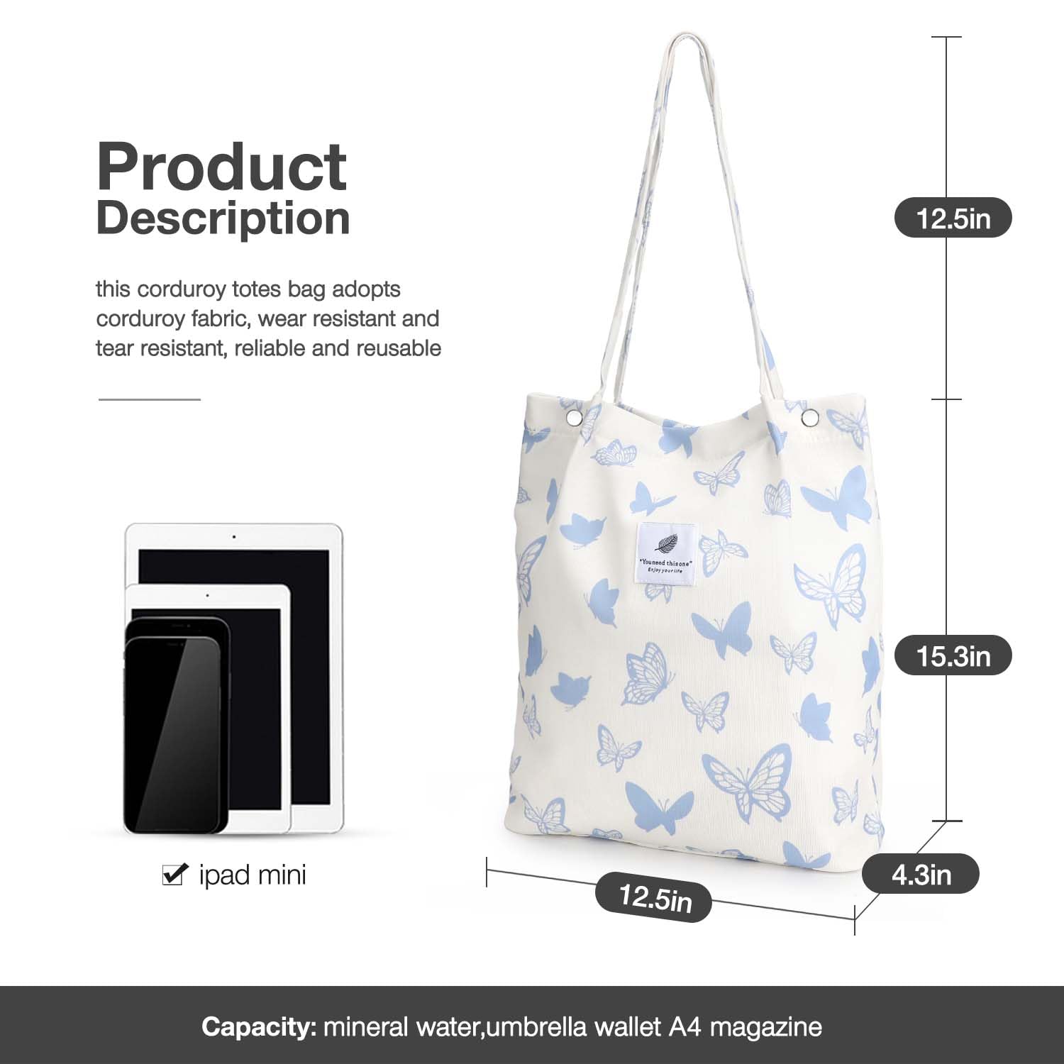 Lhmtqvk Corduroy Tote Bags For Women, Large Capacity Corduroy Bag Reusable Grocery Shoulder Bag With Inner Pockets(Blue Butterfl