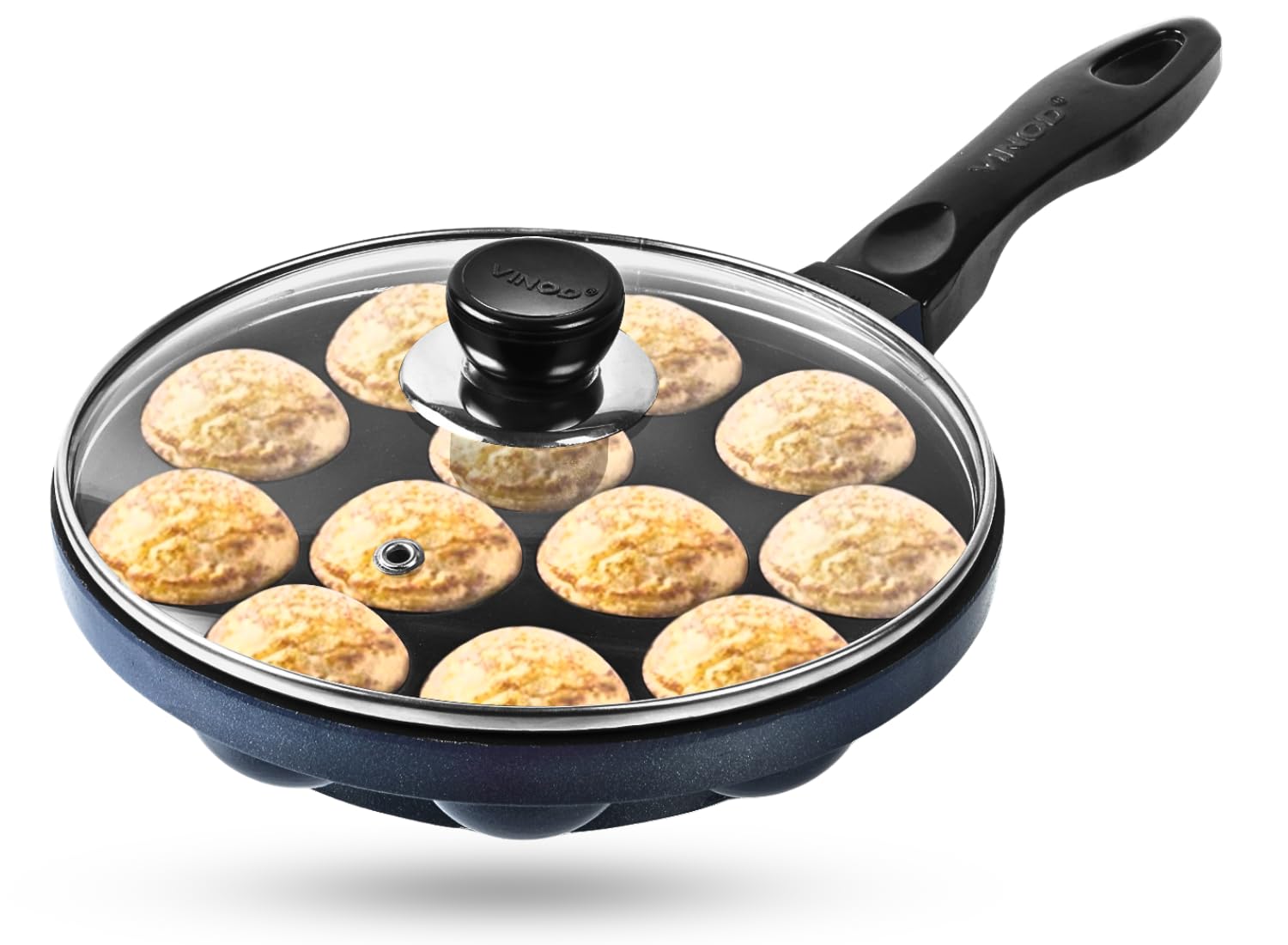 Vinod Zest Non-Stick Paniyarakkal With Glass Lid - 12 Cavities, 20.5 Cm Diameter | 3 Mm Thick | 3-Layer Coating | Metal Spoon Fr
