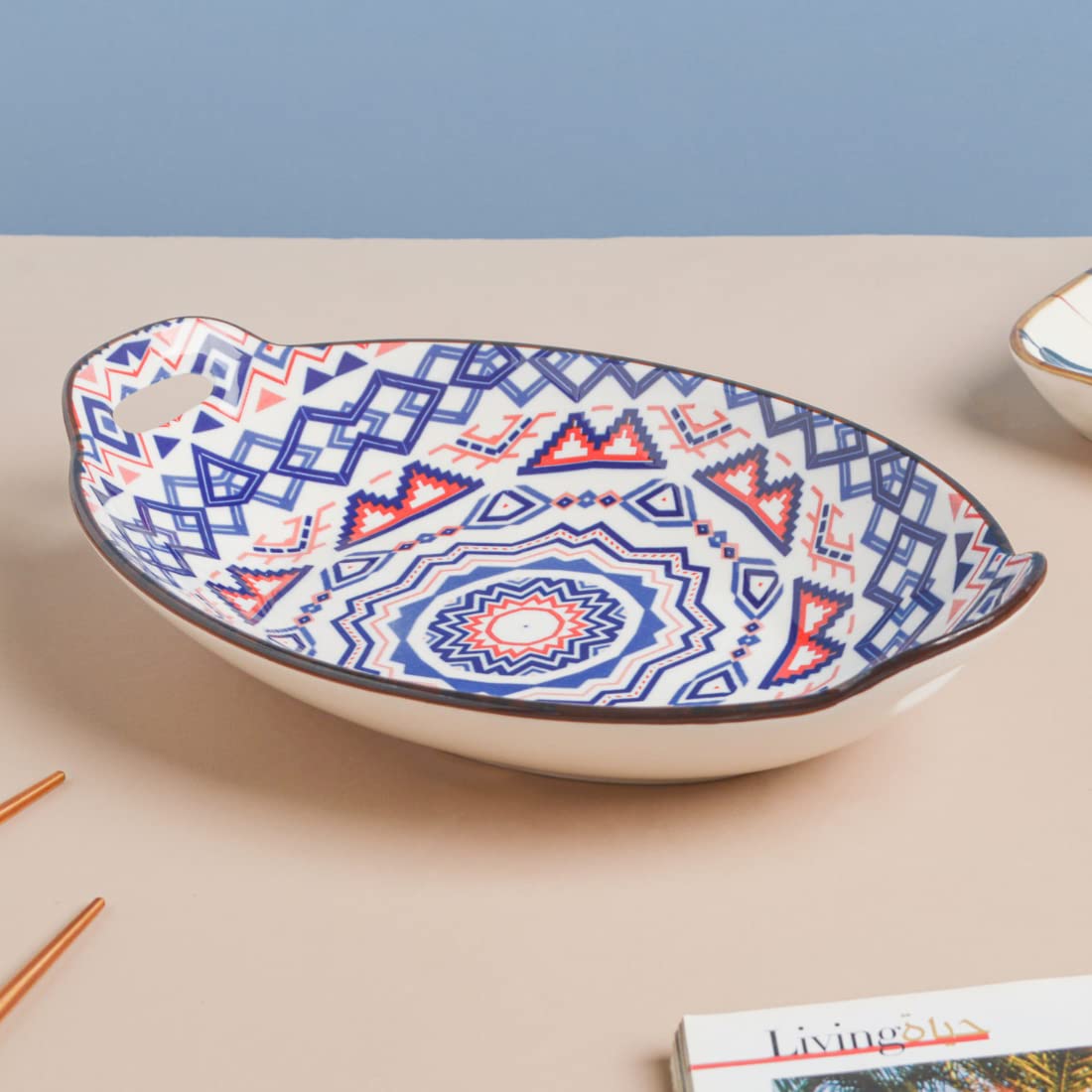 Nestasia Blue & Red Mandala Ceramic Long Dish with Handles for Serving Snacks, Appetizers, Salads, and Noodles| Microwave Safe,