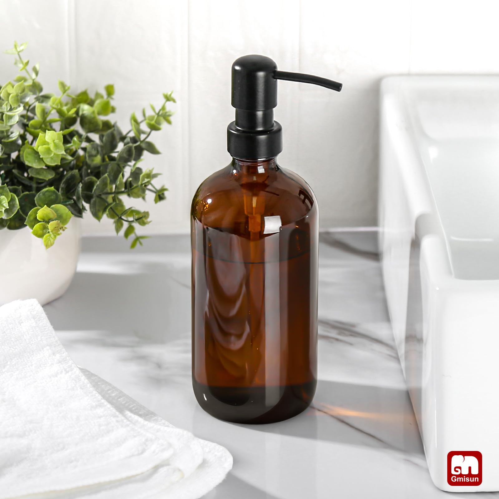 Gmisun Amber Glass Soap Dispenser, 1 Pack Dish Soap Dispenser For Kitchen With Rustproof Stainless Steel Pump, 16 Oz Bathroom Ha