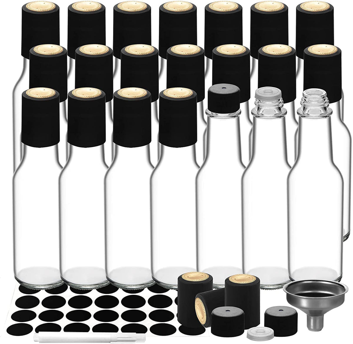Wertioo 21 Pack 5 Oz Hot Sauce Bottles, Empty Woozy Glass Bottles With Leak Proof Screw Caps & Shrink Bands For Kitchen