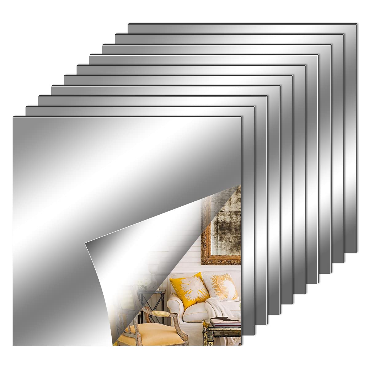 Fantasyon 10 Pieces Flexible Mirror Sheets, Self Adhesive Decorative Plastic Mirror Tiles Non-Glass Mirror Stickers for School E