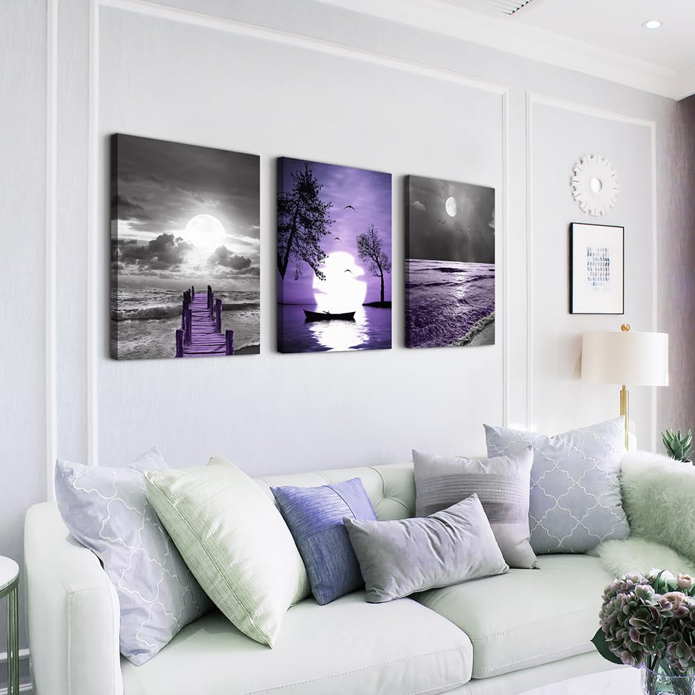 Canvas Wall Art For Living Room Large Size Wall Decorations For Office Artwork Wall Painting Bedroom Wall Decor Black And White Ocean Purple Landscape Modern Family Posters 3 Piece Framed Home Decor