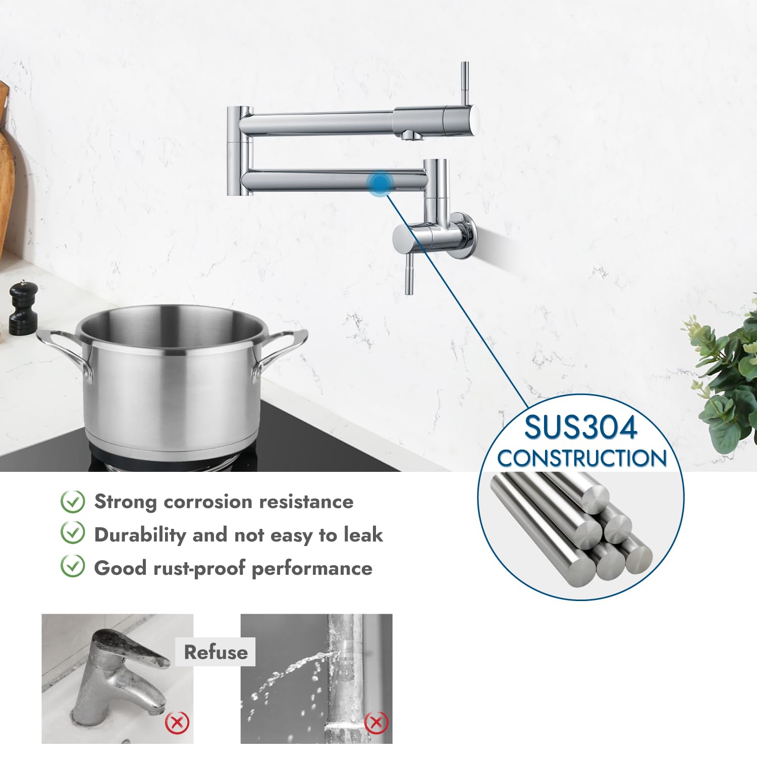 Cinwiny Pot Filler Faucet Wall Mount Polished Chrome Kitchen Restaurant Sink Stretchable Commercial Faucet With Folding Double J