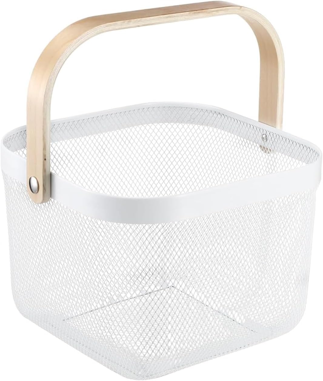 Metal Mesh Storage Basket With Wooden Handle White Steel Fruit Basket Bin For Kitchen Cabinets Cupboards Shelves Hanging Organiz