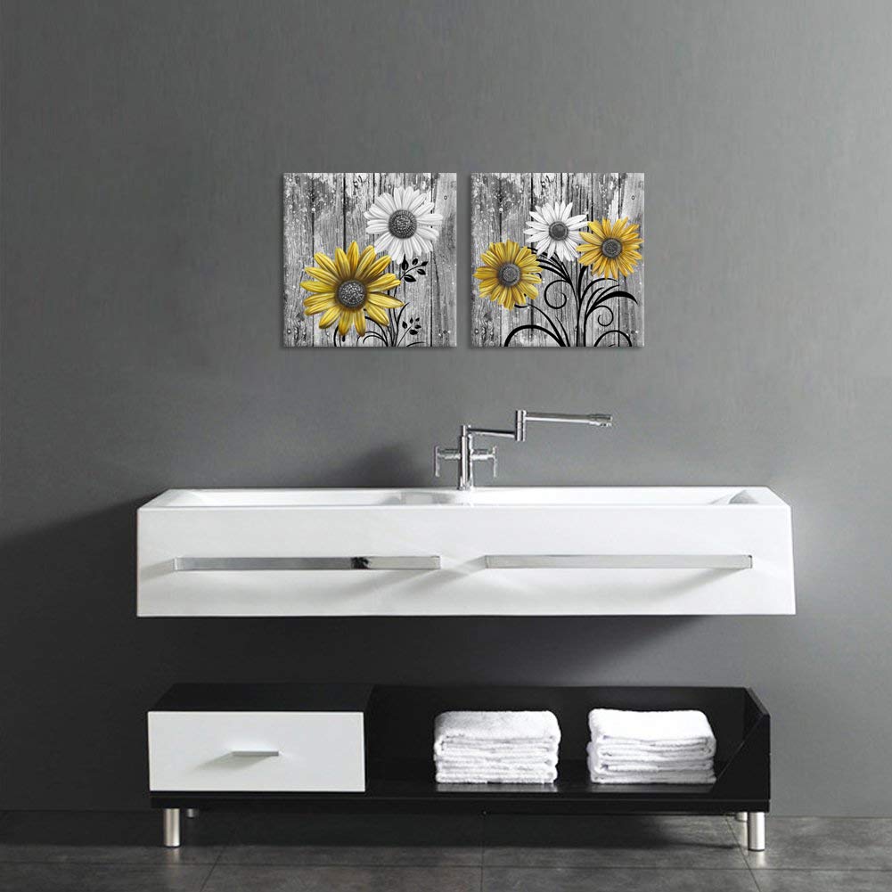 Ihappywall 2 Pieces Rustic Daisy Flowers Bathroom Picture Wall Decor Yellow And Grey Artwork For Bedroom Living Room Farmhouse D