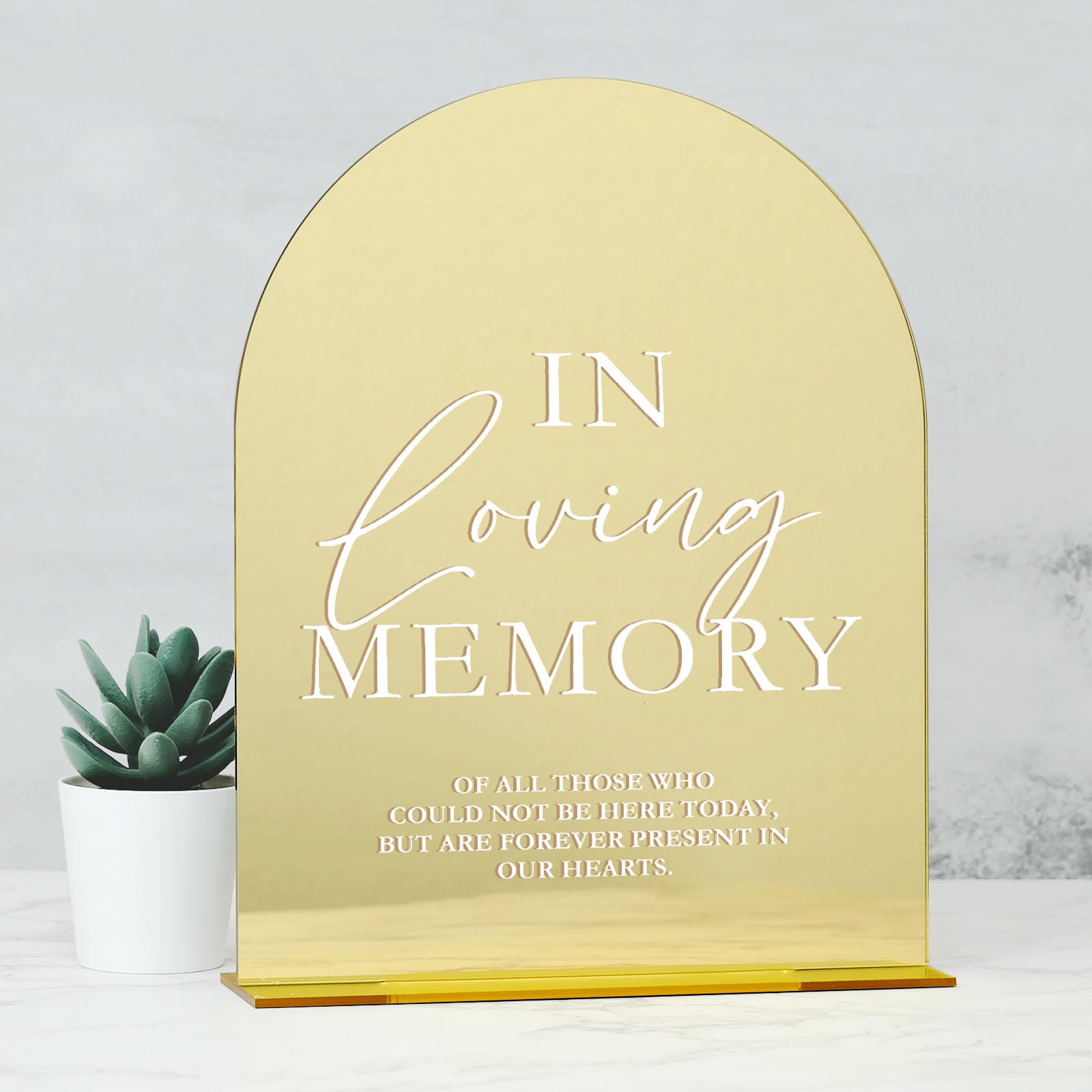 Gold Mirror Acrylic Wedding Sign with Stand- 8x10 In Loving Memory Sign and Base,1/8 Thick | Modern Calligraphy White Lettering 