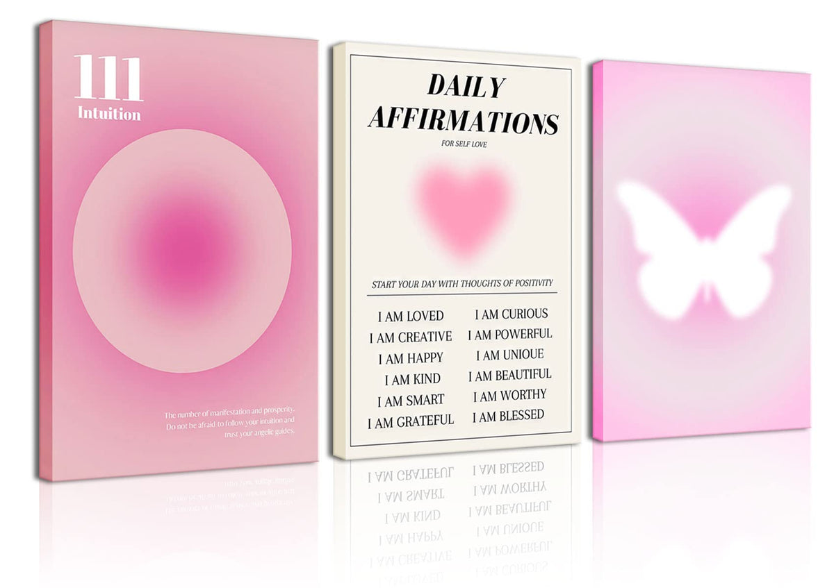 Pink Canvas Wall Art Set Of 3 - Abstract Halo Angel Number Positive Energy Motivational Wall Decor - Ideal For Living Room, Bedr