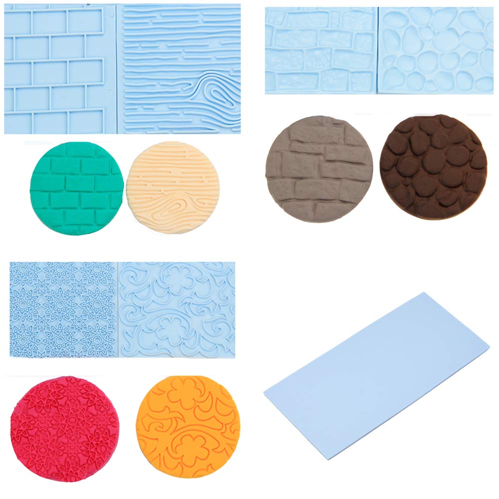 6 Pcs Fondant Impression Texture Mat Mold Set, Light Blue Fondant Embossed Tree Bark/Brick Wall/Flower/Cobblestone/Stone Wall Te