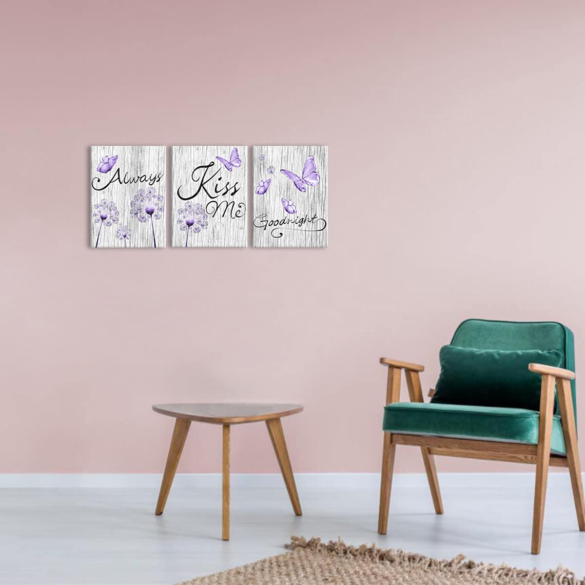 Kalormore Purple Dandelion Butterfly With Always Kiss Me Goodnight Painting Rustic Grey Wooden Textured Lavender Giclee Canvas W