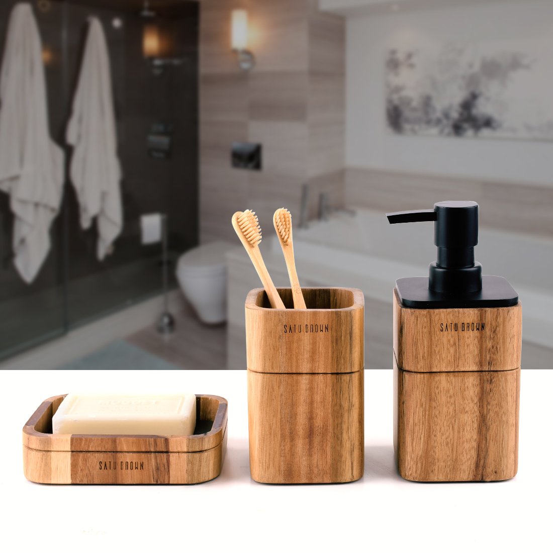 Satu Brown Acacia Wood Bathroom Accessory Set - 3 Pieces Soap Dispenser, Tumbler, Soap Dish - Elegant Bathroom Decor Gift