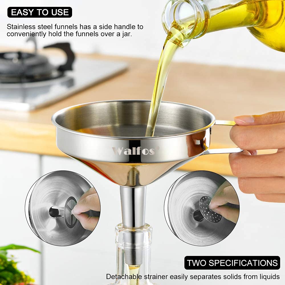 Large Stainless Steel Funnel, Walfos Kitchen Funnel With 2 Removable Strainer & 1Pc Cleaning Brush, Perfect For Transferring Of