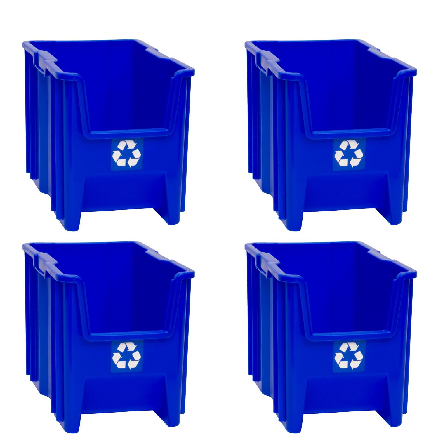 Readyspace Commercial Industrial Heavy Duty Stackable Open-Front Recycling Bin Box Containers, 7 Gallon, 4 Pack, Blue