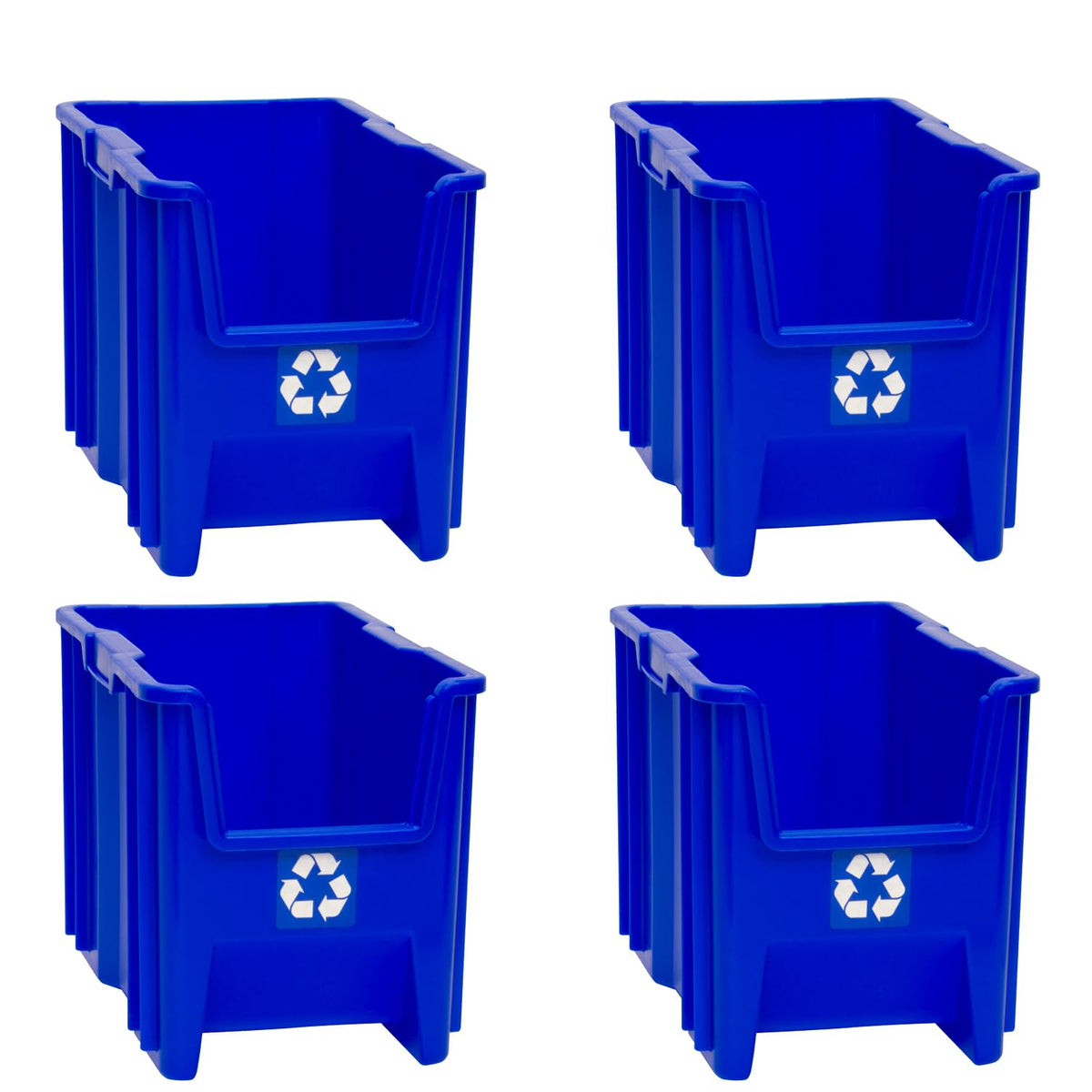 Readyspace Commercial Industrial Heavy Duty Stackable Open-Front Recycling Bin Box Containers, 7 Gallon, 4 Pack, Blue