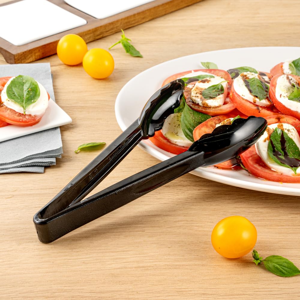 Restaurantware 9 Inch X 3 Inch Kitchen Tongs 1 Scalloped Edges Serving Tongs - Dishwasher-Safe Reusable Black Plastic Tongs For