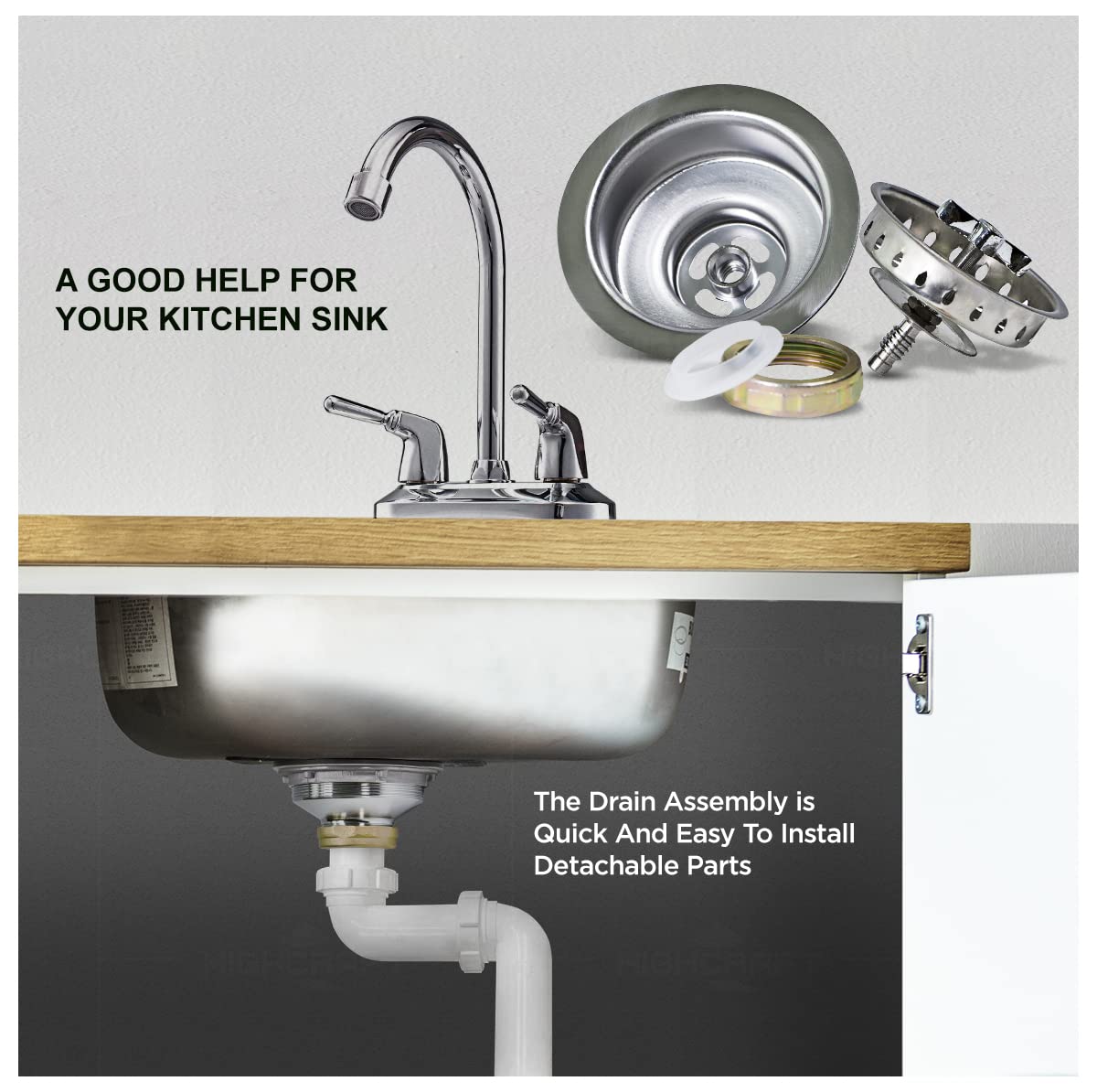 Highcraft Kitchen Sink Drain Assembly - 3.5" Stainless Steel with Strainer Basket & Threaded Stopper, Model 9763