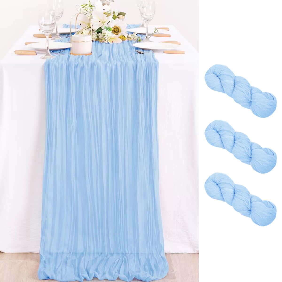 MLMC 3 Pack Light Blue Cheesecloth Table Runner Baby Blue Table Runner 10ft Sheer Rustic Cheese Cloth Baby Shower Decorations 35