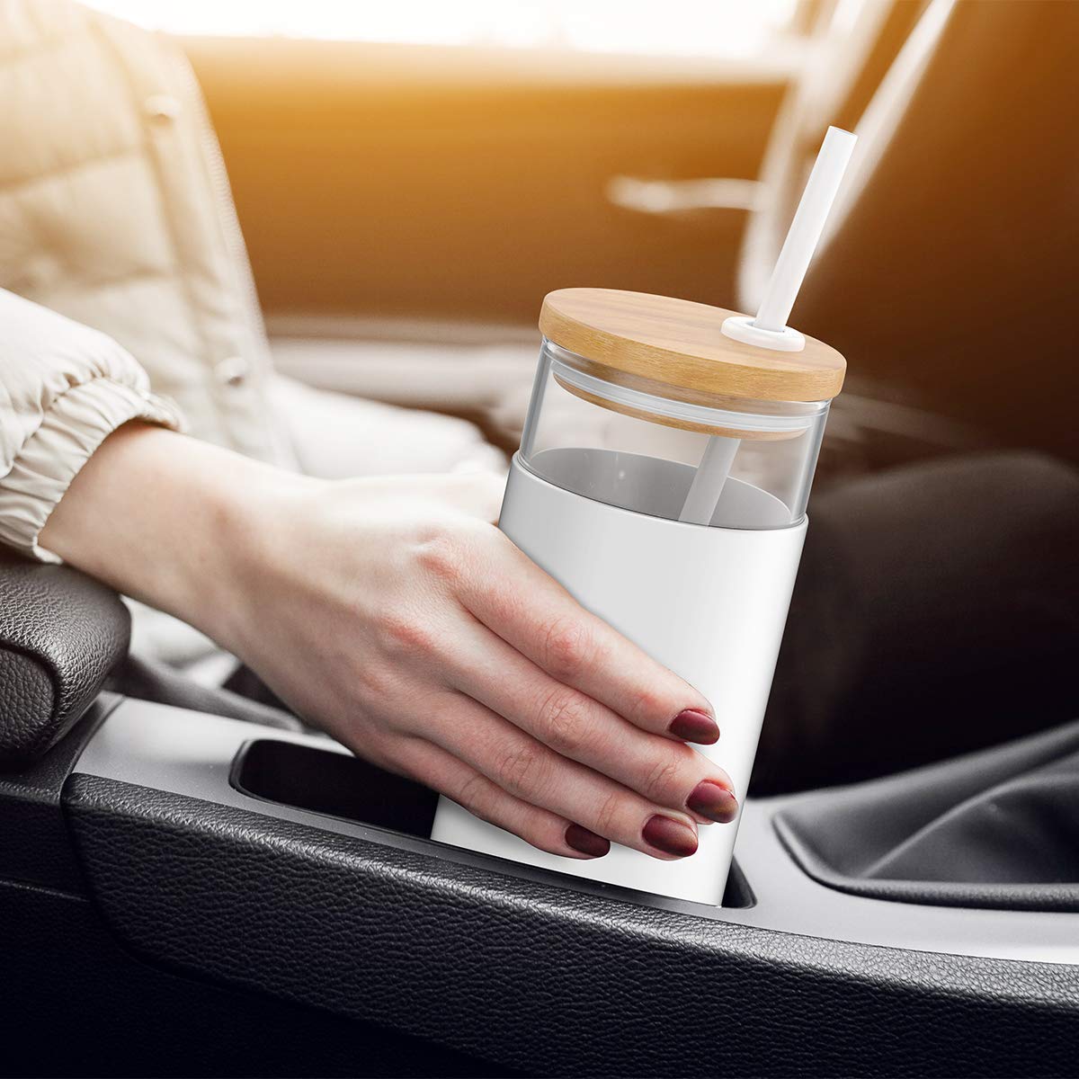 Tronco 20Oz Glass Tumbler Glass Water Bottle Straw Silicone Protective Sleeve Bamboo Lid - Bpa Free (Gress/ 1 Pack)