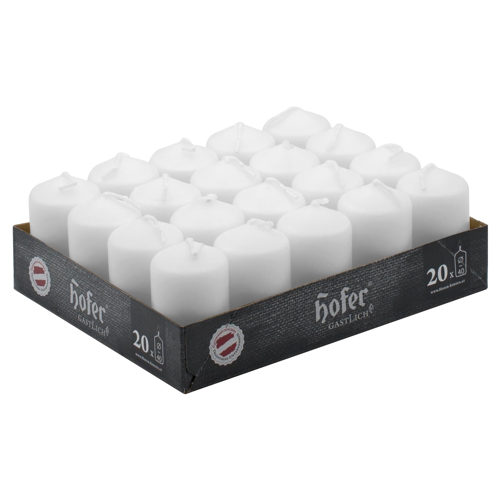 Hofer White Pillar candles - Set of 20 Unscented Small candles in Bulk - 157 x 276 Inch - 11 Hours Long Burning Decorative candles - Dripless Wax - Smokeless Wick - RAL Quality - Made in Austria