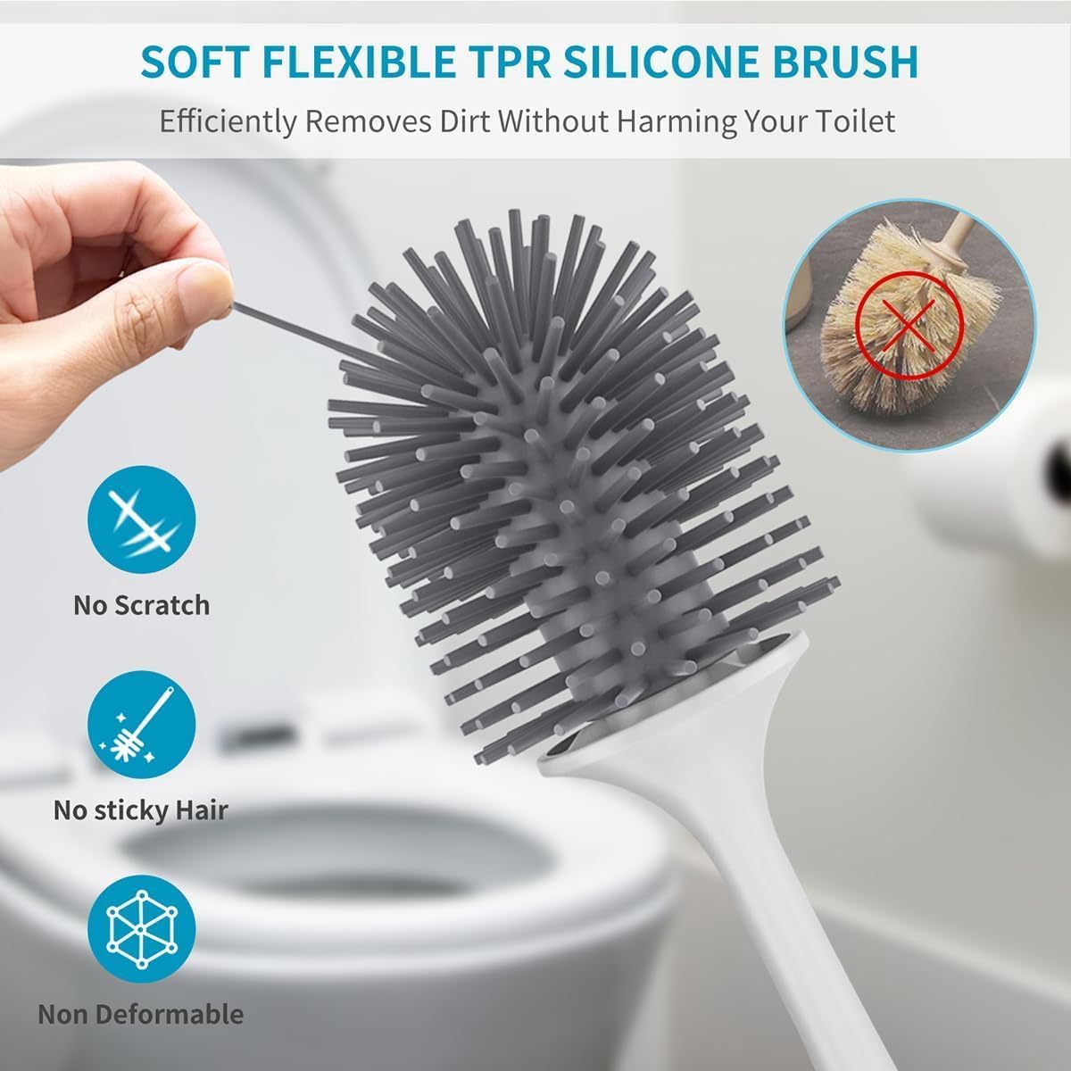 Vasukie Silicone Toilet Brush And Holder Set, With A Extra Crevice Cleaning Brush Deep Cleaning Toilet Bowl Brush For Bathroom T