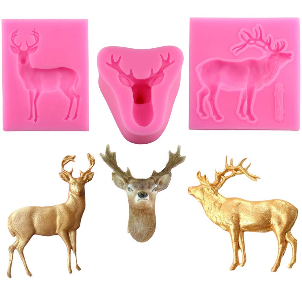 Set Of 3 Christmas Deer Elk 3D Stag Head Silicone Fondant Chocolate Gum Paste Mold Cake Cupcake Decorating Tools Resin Polymer C