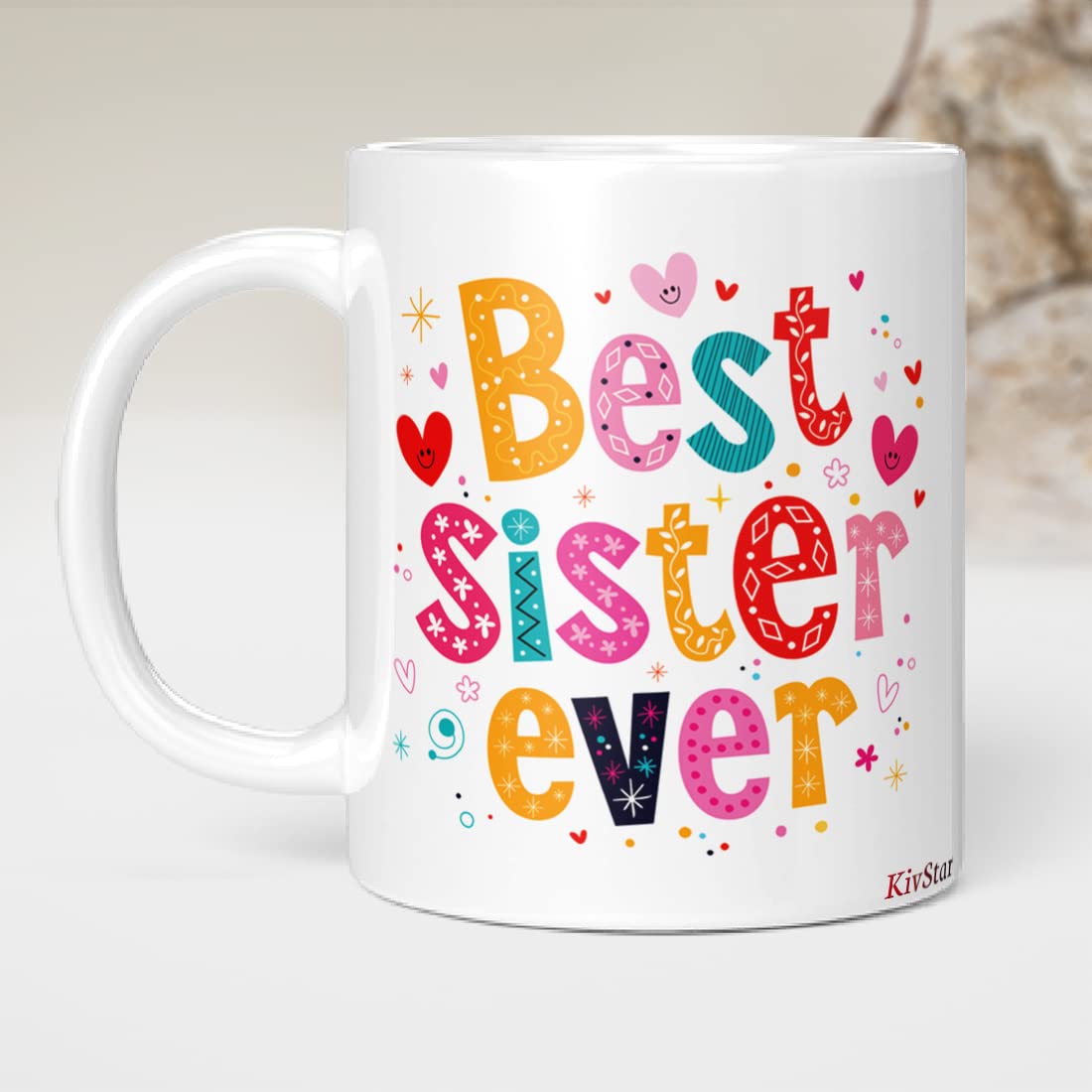 KivStar Best Sister Ever Wooden, Birthday Gifts, Rakshabandhan Gifts, (Printed Mug +Printed Keychain+Card+Roli chwal+Rakhi) (for