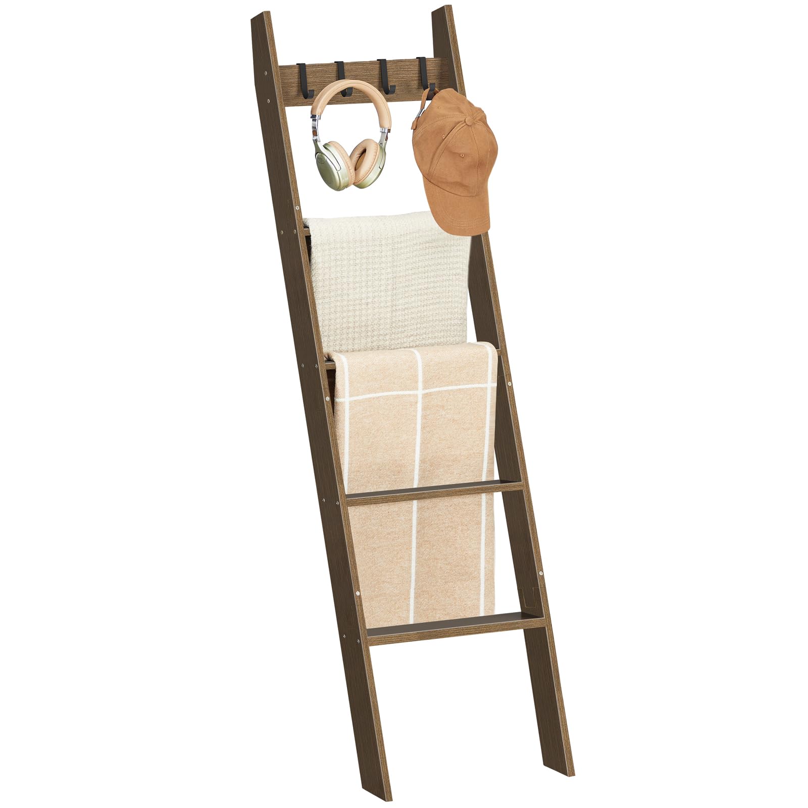 HOOBRO 5-Tier Blanket Ladder, Mocha Bamboo Decorative Shelf with 4 Hooks, Model MA51CJ01G1 for Living Room and Bathroom Storage