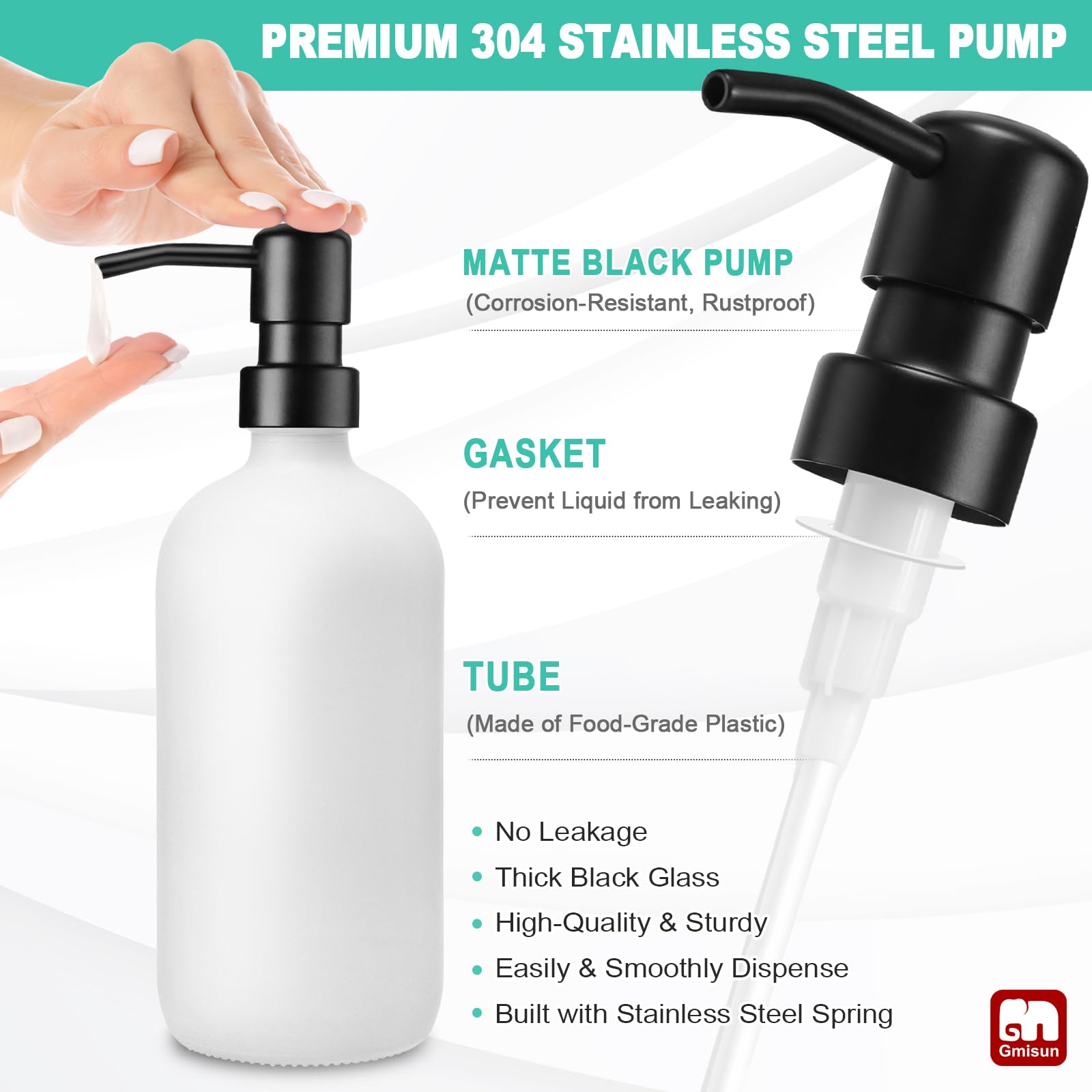 Gmisun Kitchen Soap Dispenser Set, 16 Oz Hand And Dish Soap Dispenser With Ceramic Tray & Bamboo Dish Brush, 2 Pack White Glass