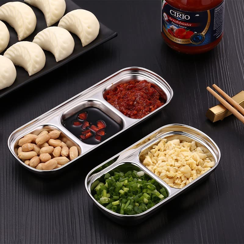 Soujoy 4 Pcs Stainless Steel Sauce Dish, Divided Seasoning Sauce Dip Bowl, 1/2/3/4 Compartment Korean Ketchup Sauce Bowl, Vinega