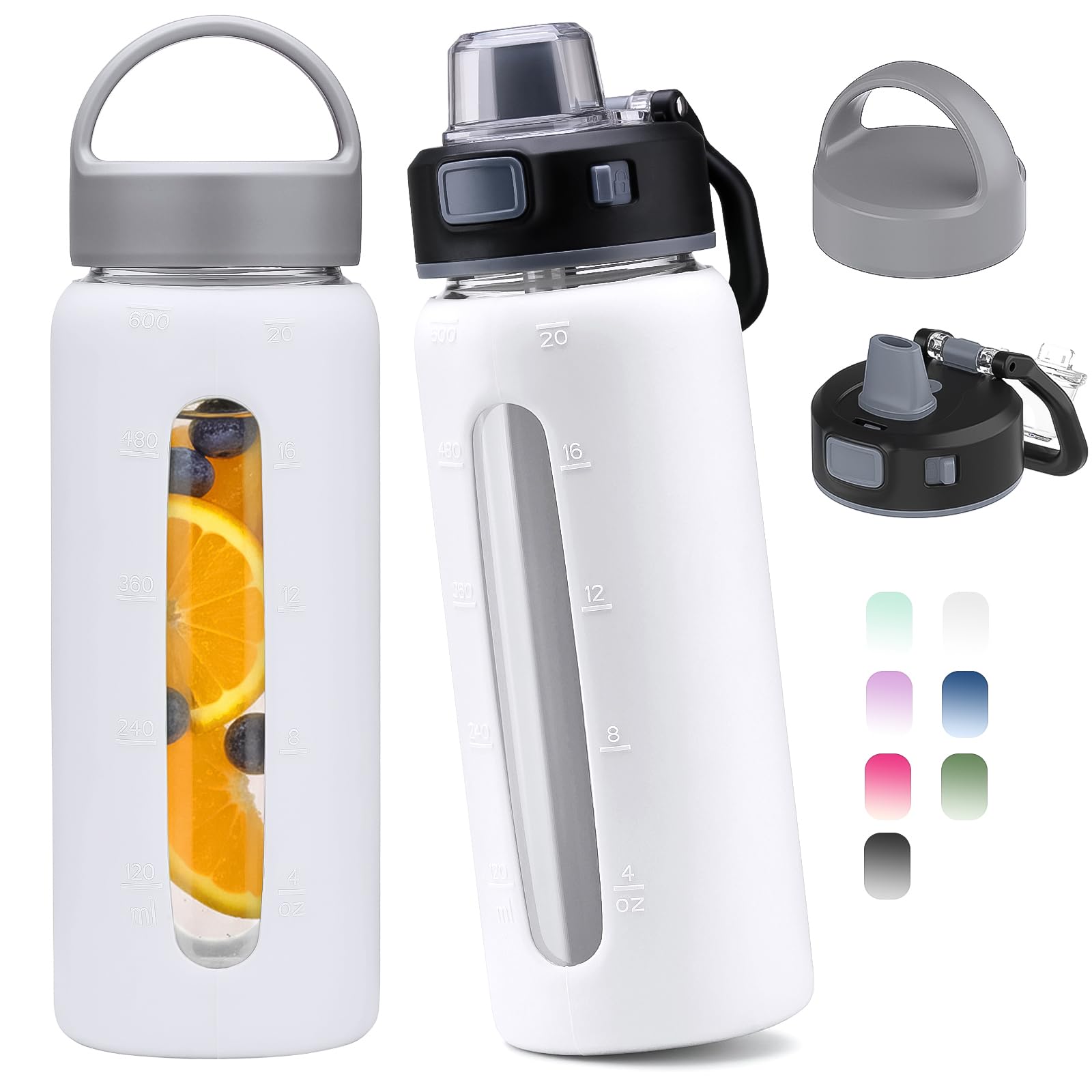 Kodrine 20oz Glass Water Bottle with Straw-2 Lids for Easy Carry, with Handle, Silicone Sleeve & Time Marker, Reusable Glass Dri