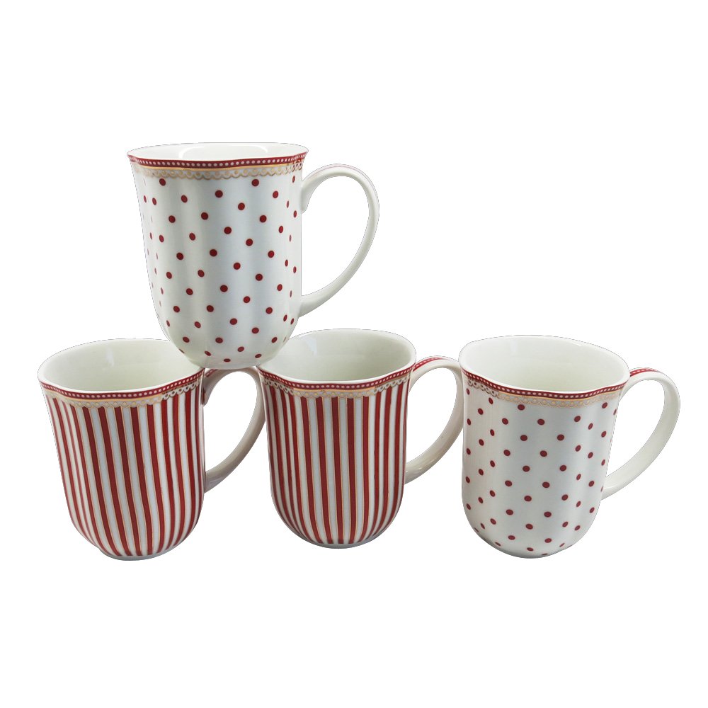 Grace Teaware Red Dot Stripes Scallop Porcelain Set Of 4 12-Ounce Mug