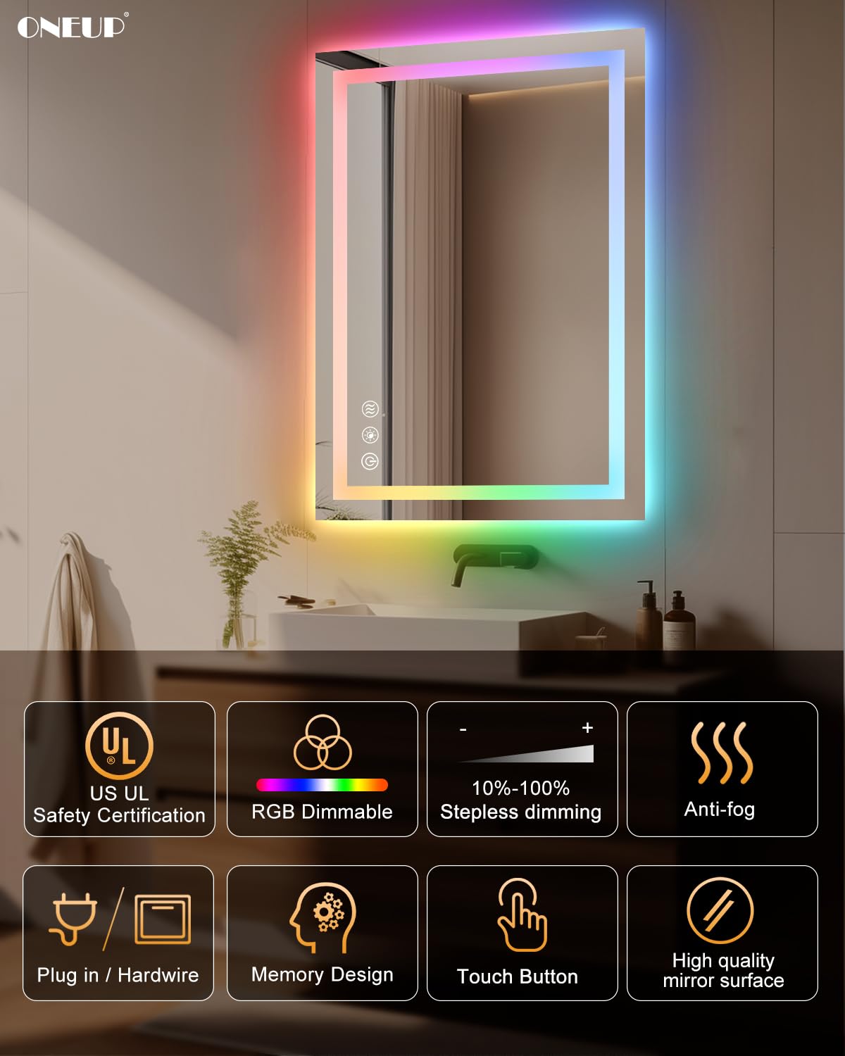 Oneup 24X36'' Rgb Led Bathroom Mirror With Lights,Rgb Color Changing B ...