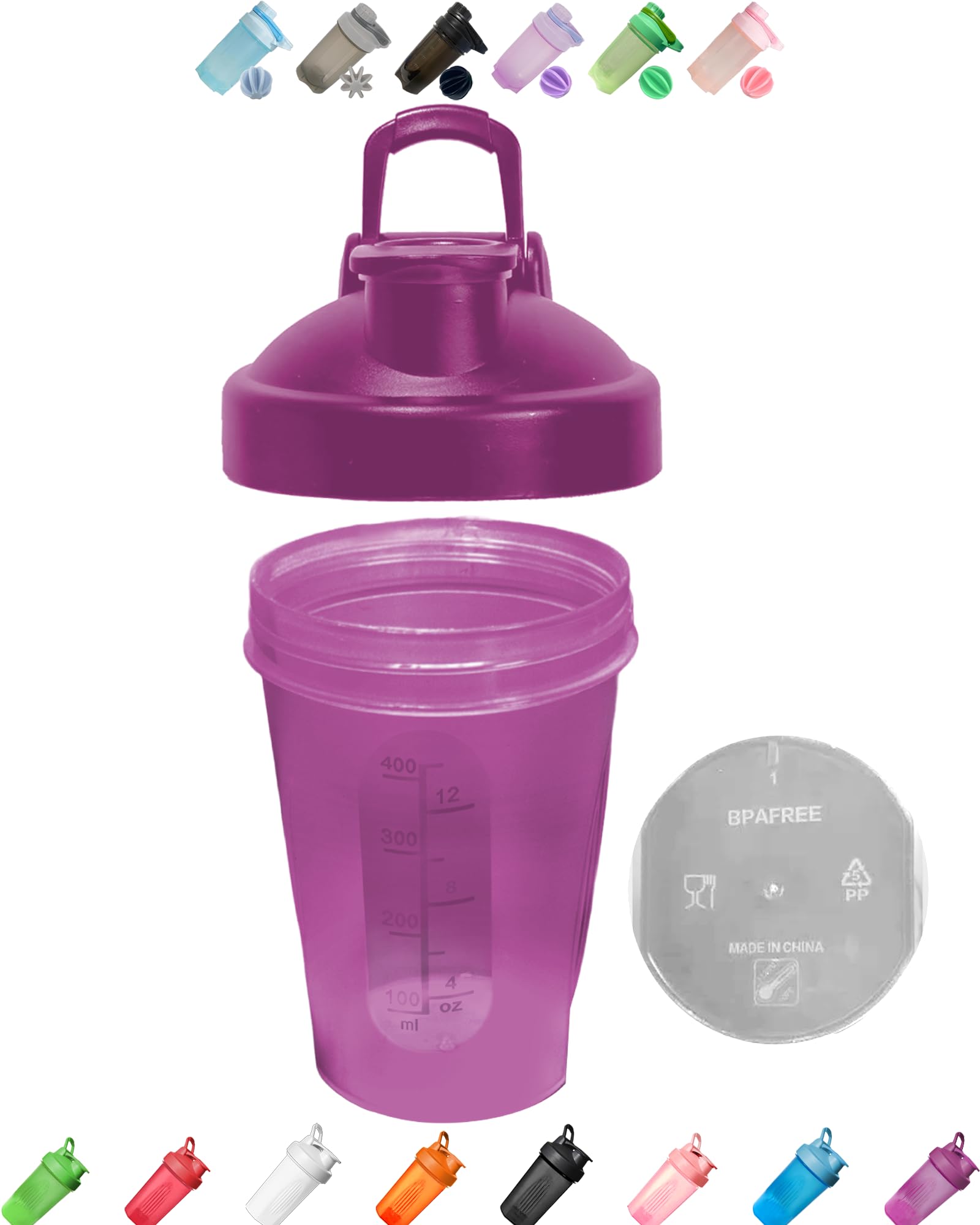 Shaker Bottle in Plum Purple - A Small Cup Printed Scale Marks of 12 OZ & 400 ML Stainless Whisk Blender Ball Leak Proof BPA Free Made of PP5 Dishwasher Safe Easy to Clean(Other Color-Style Available)