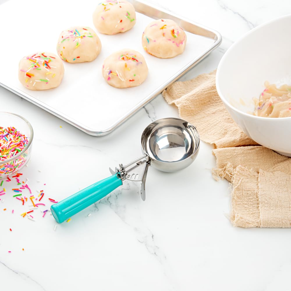 Restaurantware Met Lux 6 Ounce Portion Scoop 1 Durable Disher Scoop - Thumb Trigger Teal Stainless Steel Ice Cream Disher For Po
