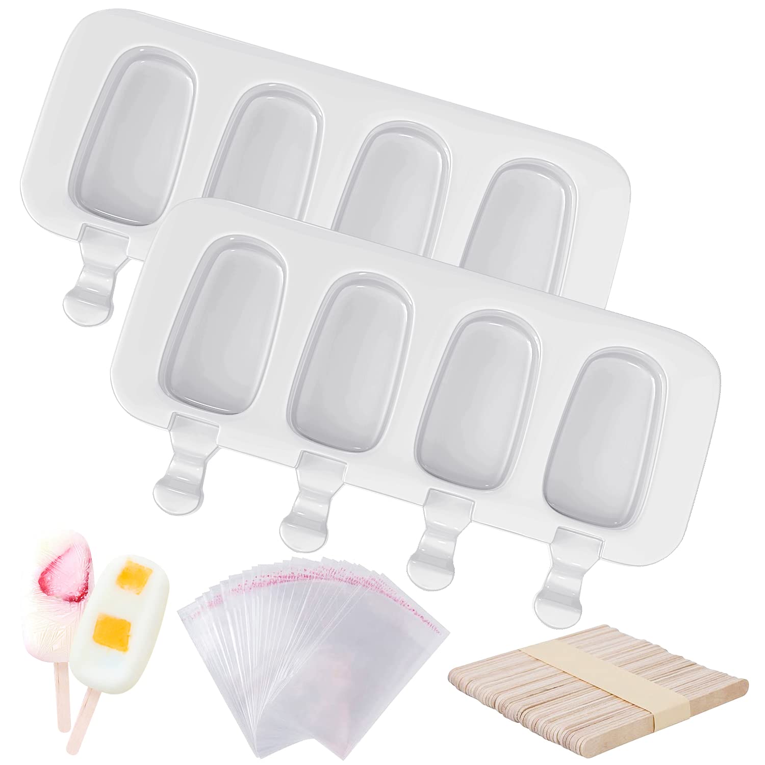Ozera 2 Pack Popsicles Molds Set, Silicone 4 Cavities Oval Popsicle Cake Pop Molds For Homemade Cakesicles, With 50 Wooden Popsi