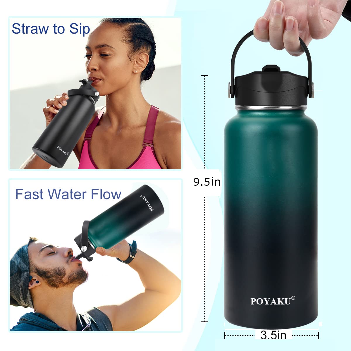 32oz Insulated Stainless Steel Water Bottle with Straw & Spout Lid  Double Wall Sweat-proof BPA Free to Keep Beverages Cold For 24Hrs or Hot For 12Hrs