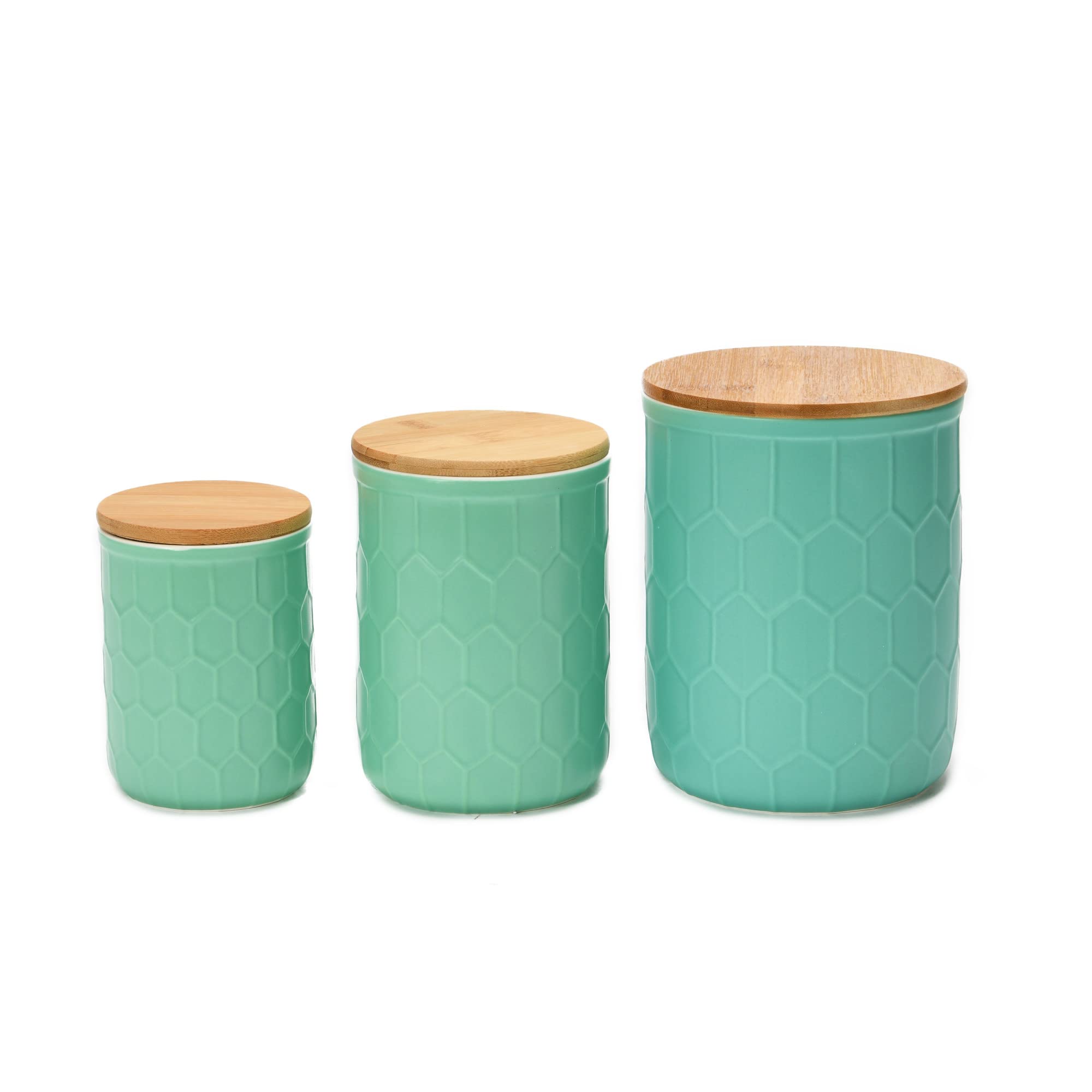 Bloomingville Farmhouse Stoneware Canisters with Honeycomb Design and Bamboo Lids, Mint Green and Natural, Set of 3 Sizes