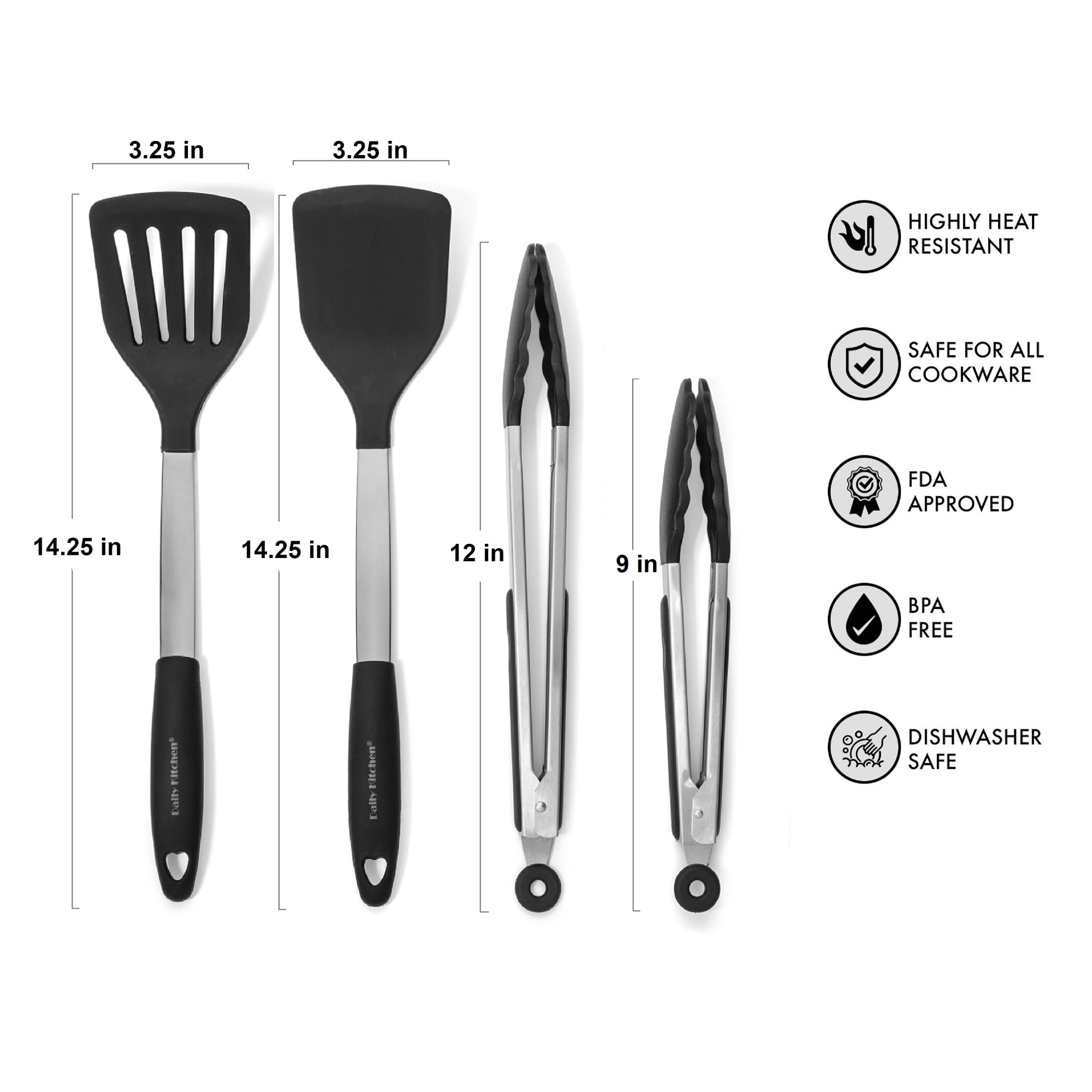 Daily Kitchen Spatulas Heat Resistant Silicone And Stainless Steel - Tongs And Turners With Rubber Grip - Flexible Silicone Spat