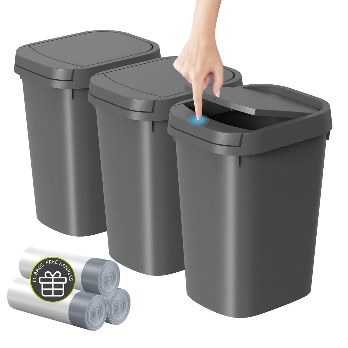 Ksskss 3 Pack Bathroom Small Trash Can With Lid, 2.6 Gallon Slim Garbage Bin With Pop-Up Lid, 10L Plastic Wastebasket With Press