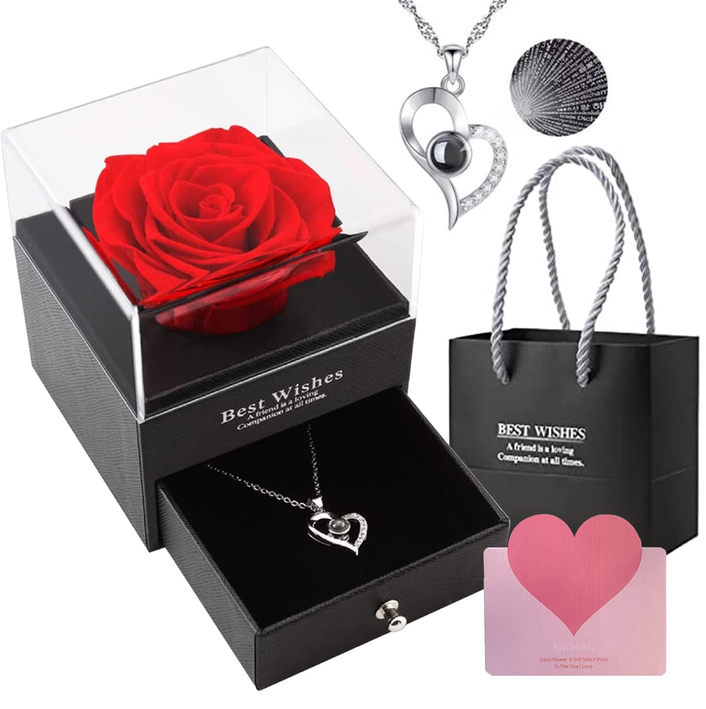 Snaptron Gifts For Girlfriend,Wife,Love-Marriage Anniversary Gift For Wife Preserved Rose Flower With Heart Necklace-I Love You 