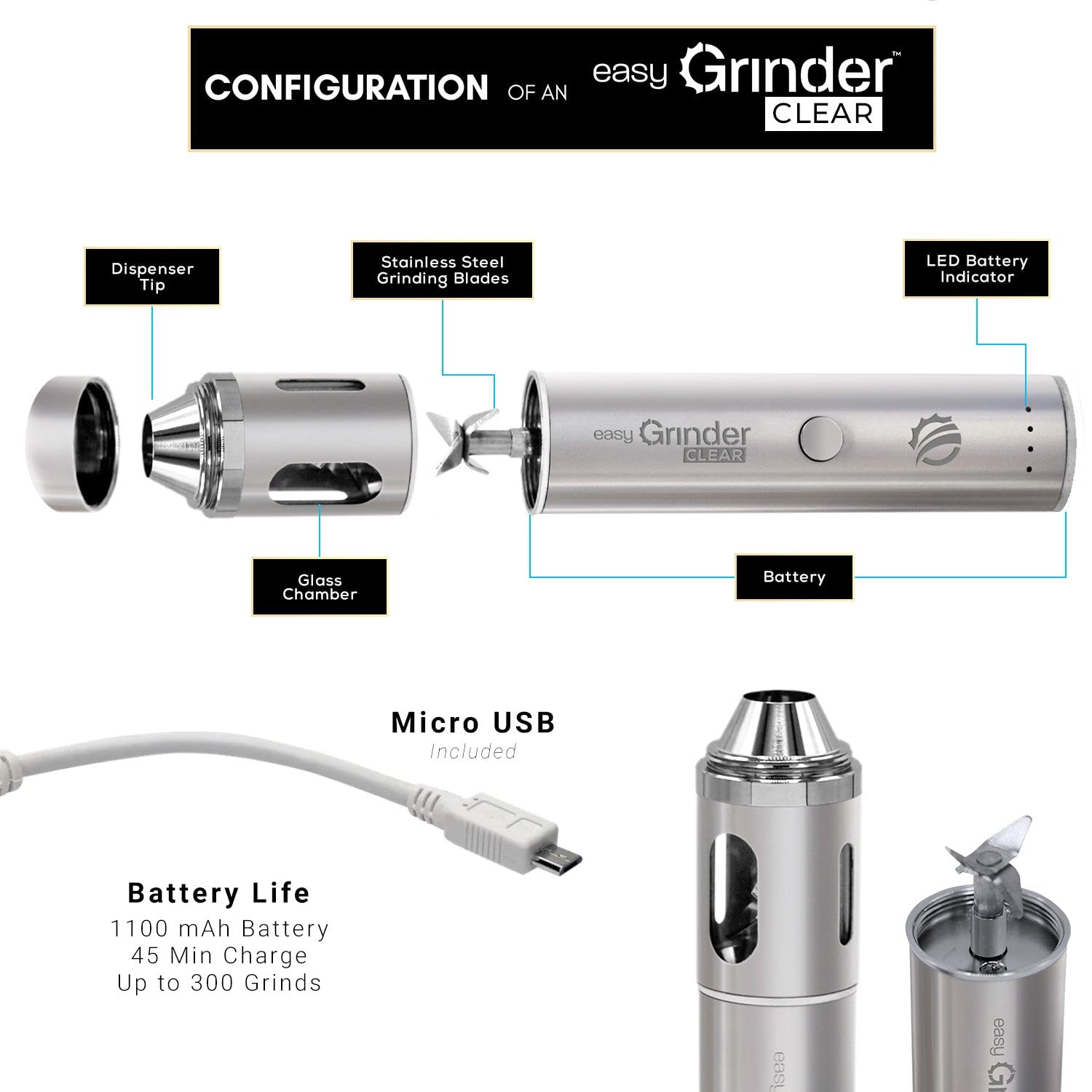 Easy Grinder Clear Glass Silver Electric Herb Coffee Grinder Pollen Catcher Stainless Steel Blades